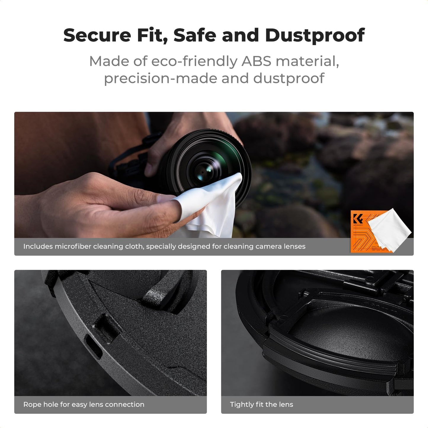 K&F CONCEPT 49mm 4-in-1 Pinch Lens Cap Cover, Center Lens Cover + Anti-Loss Keeper Leash + Microfiber Cleaning Cloth