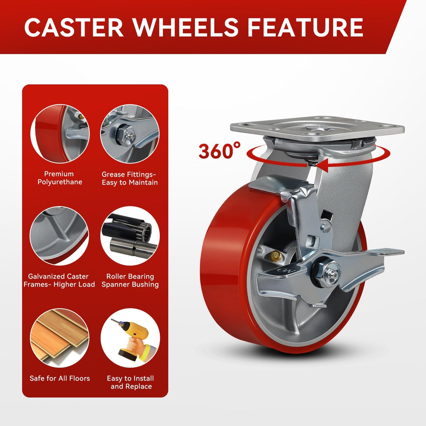 FOVERSWIVE 5"x2" Industrial Casters- Heavy Duty casters,Polyurethane Casters Wheel,Capacity up to 4000 Lb. Use for Platform Truck, U-Boat Cart,Workbenches(4 Brake)