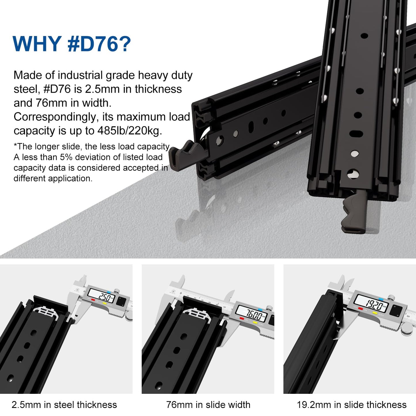 VADANIA 60" Ultra Heavy Duty Drawer Slide with Lock #D76, 3" Widening Black-electroplated Cold-Rolled Steel, Industrial Grade Heavy Load Capacity, 3-Fold Full Extension, Side Mount, 1-Pair