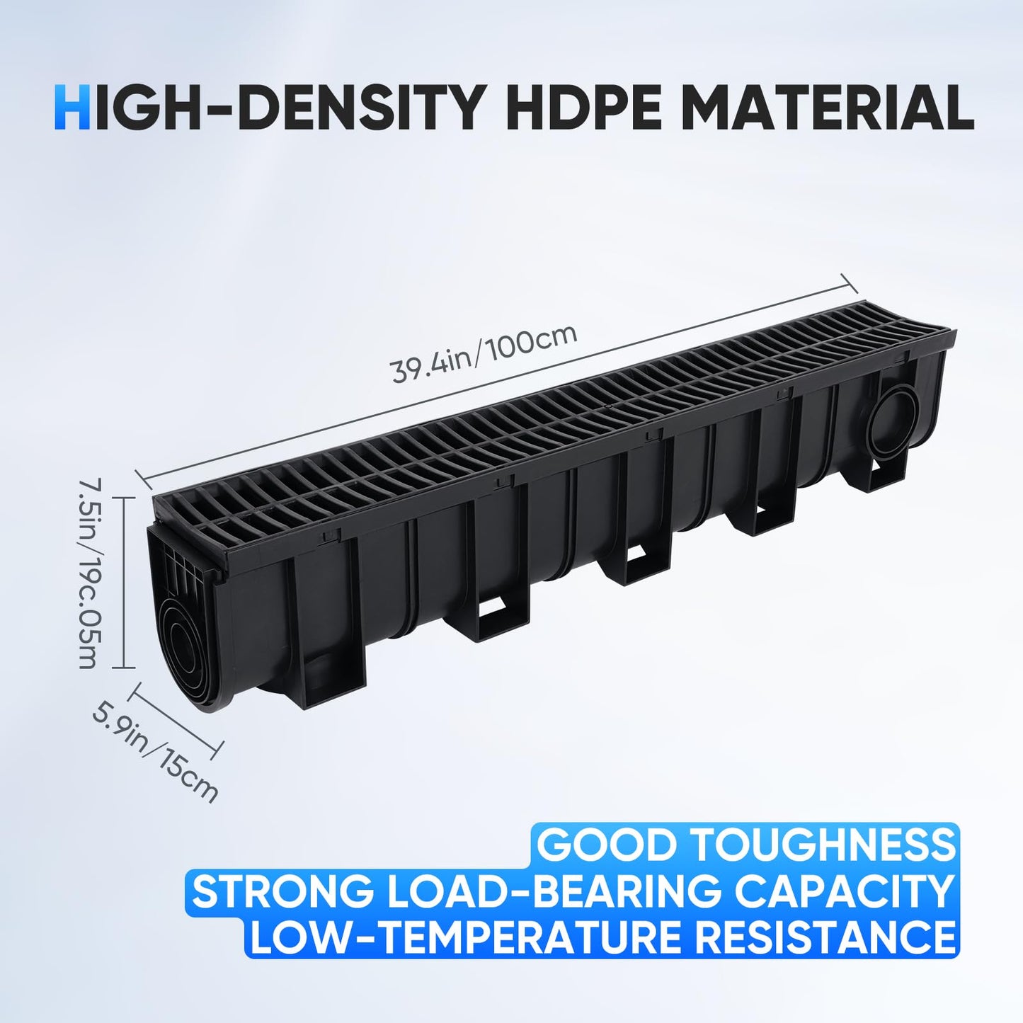 Trench Drain System, Channel Drain with Plastic Grate, 5.9x7.5-Inch HDPE Drainage Trench, 5x39 Trench Drain Grate, with 5 End Caps Black Plastic Trench Drain, for Garden, Driveway-5 Pack