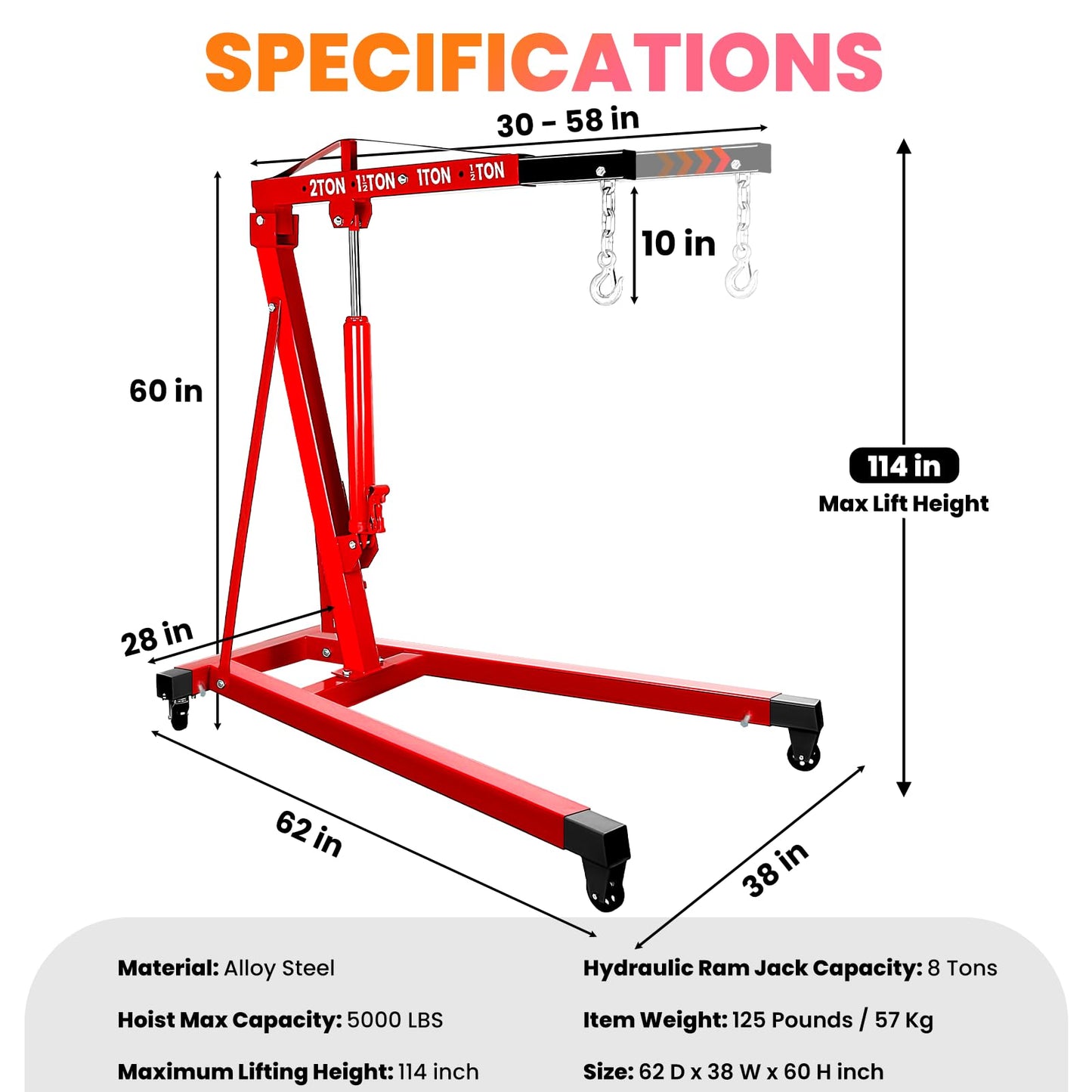 BLUEIAN 5000 LBS Engine Hoist, Heavy Duty Alloy Steel Hydraulic Cherry Picker Engine Hoist with 8 Ton Hydraulic Ram Jack 4 Steel Casters, Ease of Assembly Engine Lift for Workshop Warehouse Garage