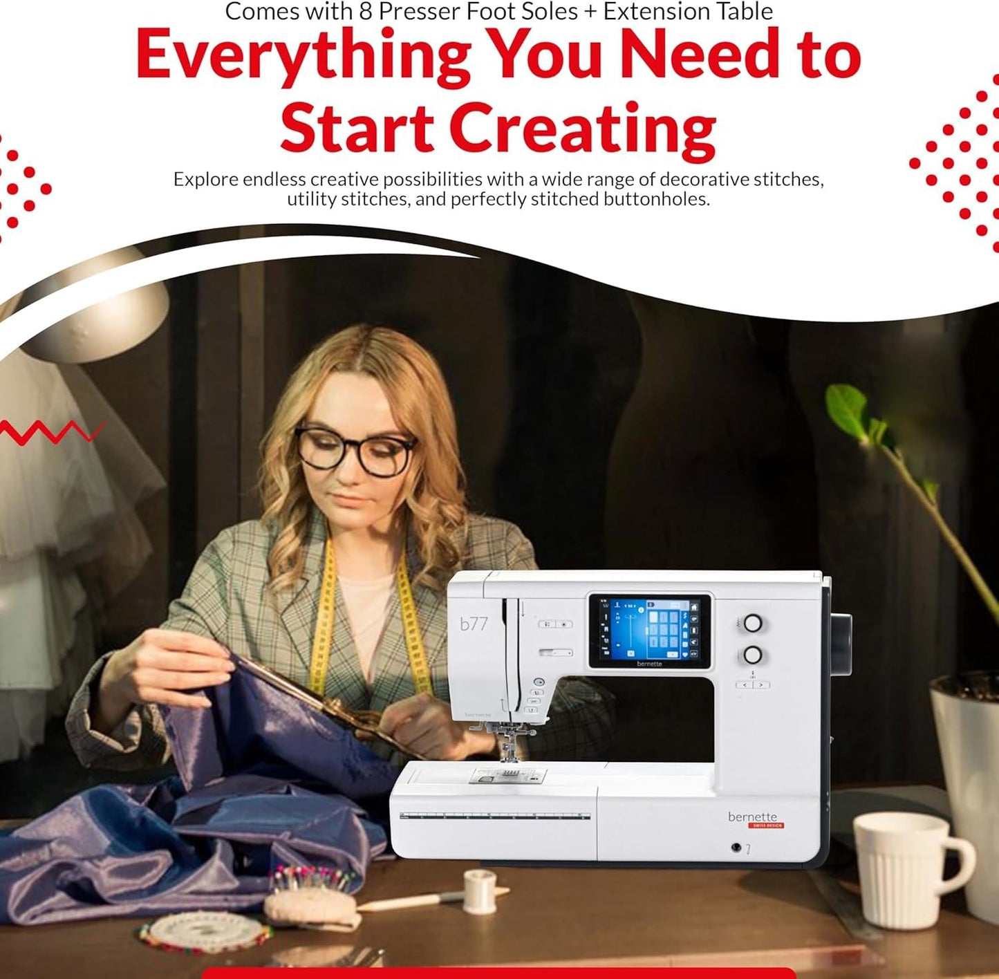 Bernette B77 Computerized Sewing Machine | Heavy Duty, Quilting & Embroidery Kit with Extension Table, Presser Feet, Bobbins, Thread Spools, Needles, Rotary Cutter, LCD Display & $200 Bonus Bundle
