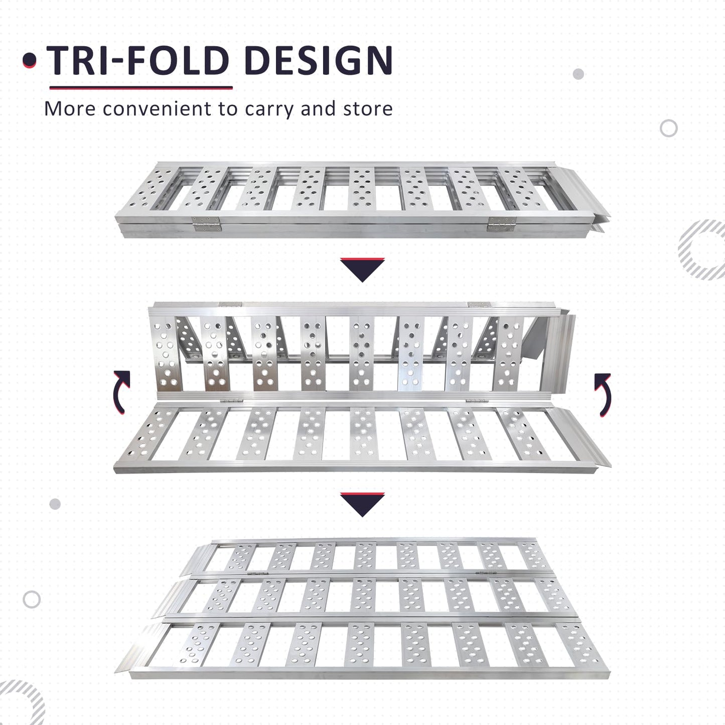PENSUN Tri-Fold Ramps with Treads, Full Width Aluminum Loading Ramps with Load Straps, Manual Welding Ramp for Motorcycles, ATVs, Trucks, Snow Blowers with 1600Ibs Max Load /535lbs per Section