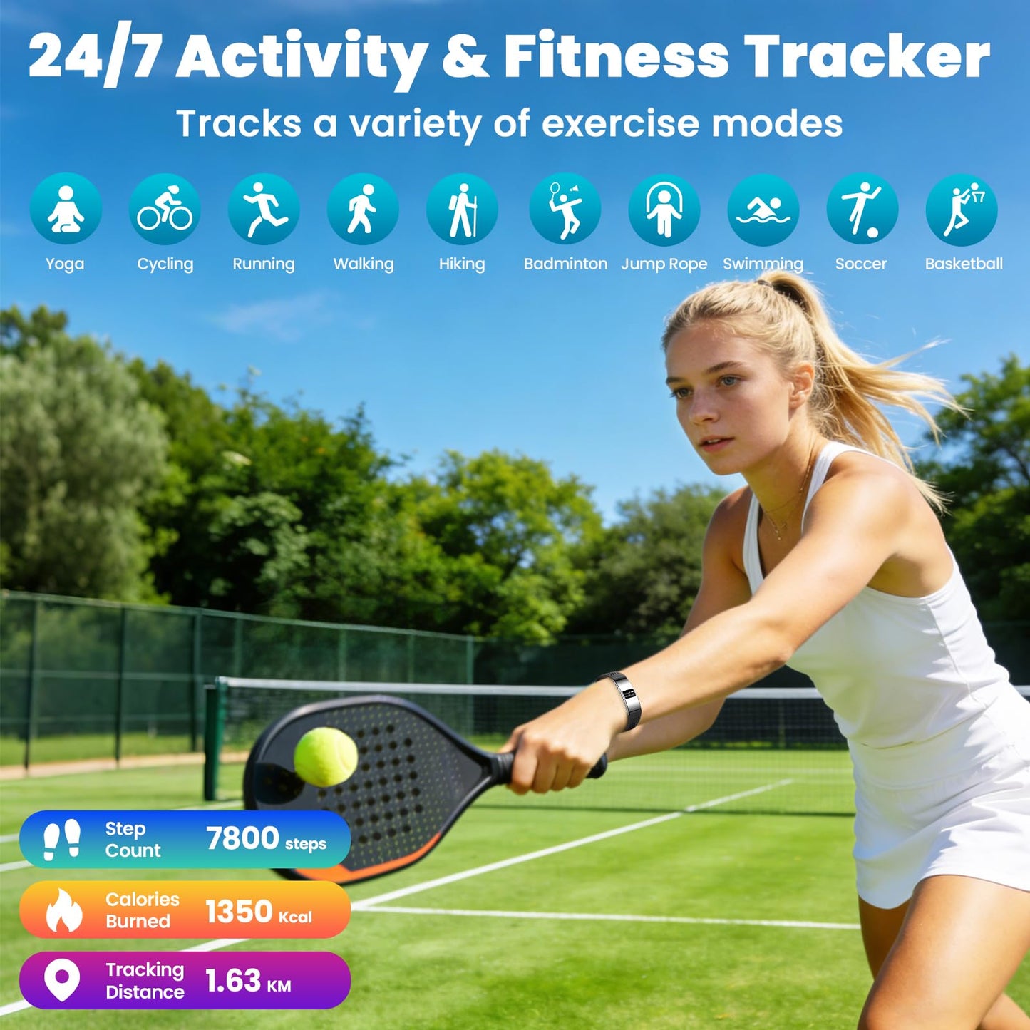 Smart Fitness Tracker with 24/7 Heart Rate, Sleep Tracking, IPX8 Waterproof, HD Display, 24+ Sports Modes, Pedometer, Phone Notifications, Music Control(Silver)