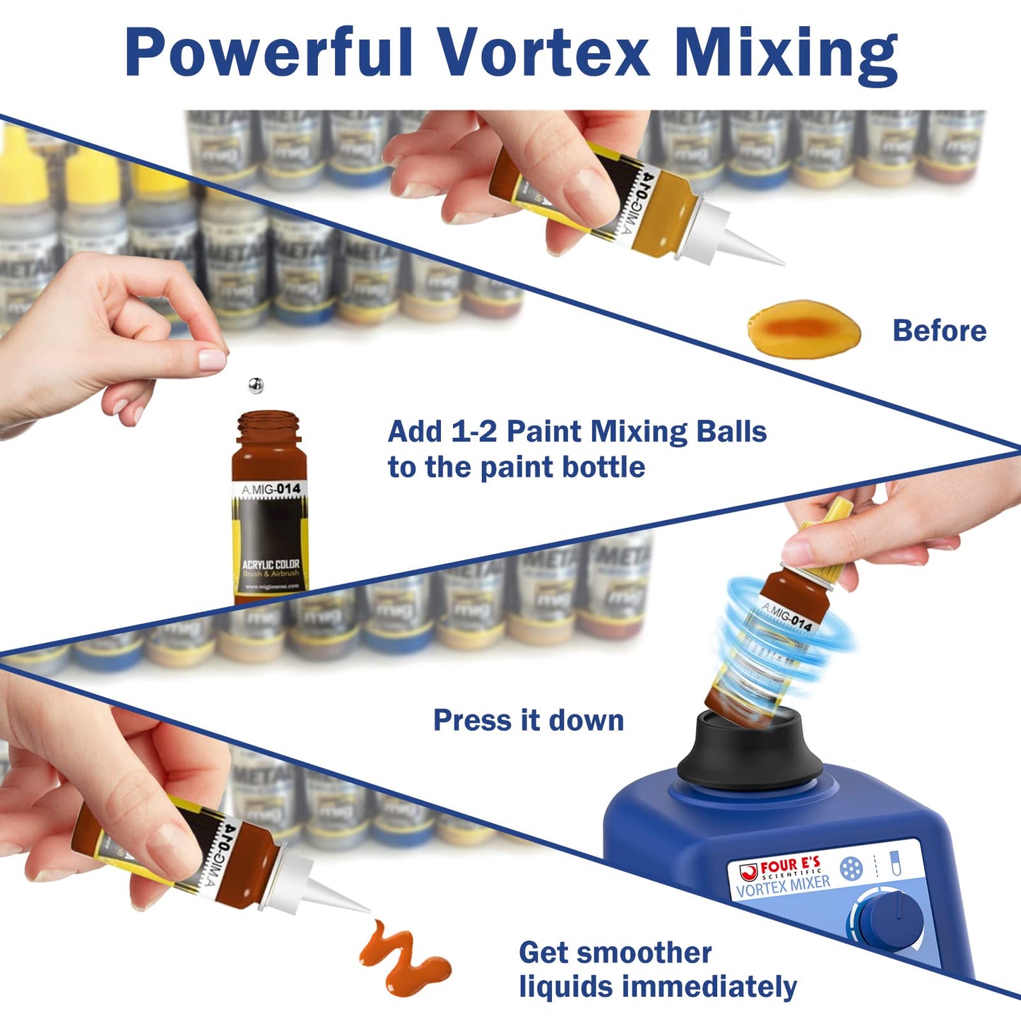 FOUR E'S SCIENTIFIC Laboratory Vortex Mixer, Mini Vortex Shaker, 0-3000rpm, Touch & Continuous Function Paint Mixer, with 100pcs 7/32inch Paint Mixing Balls & 1 pcs Platform Pad, for Acrylic Paints