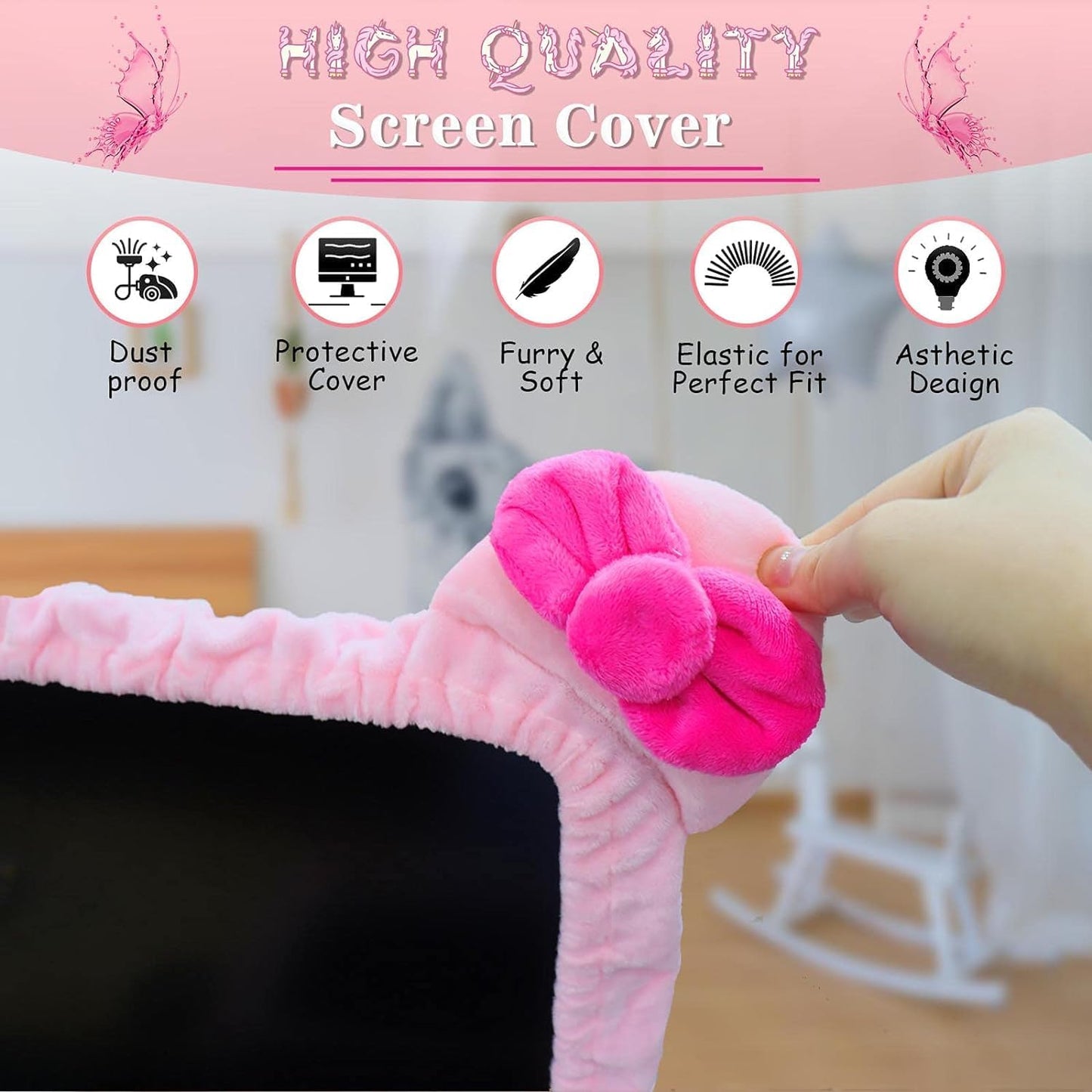Kakurookie 23'' 34'' - Computer Monitor Protective Cover with Cat Ear Design, Cute Monitor Dust Cover with Furry