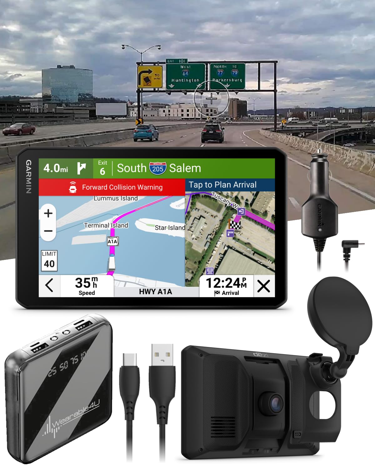 Garmin dezICam OTR725, NA MT-S, GPS Truck Navigator and Wearable4U PowerBank Bundle