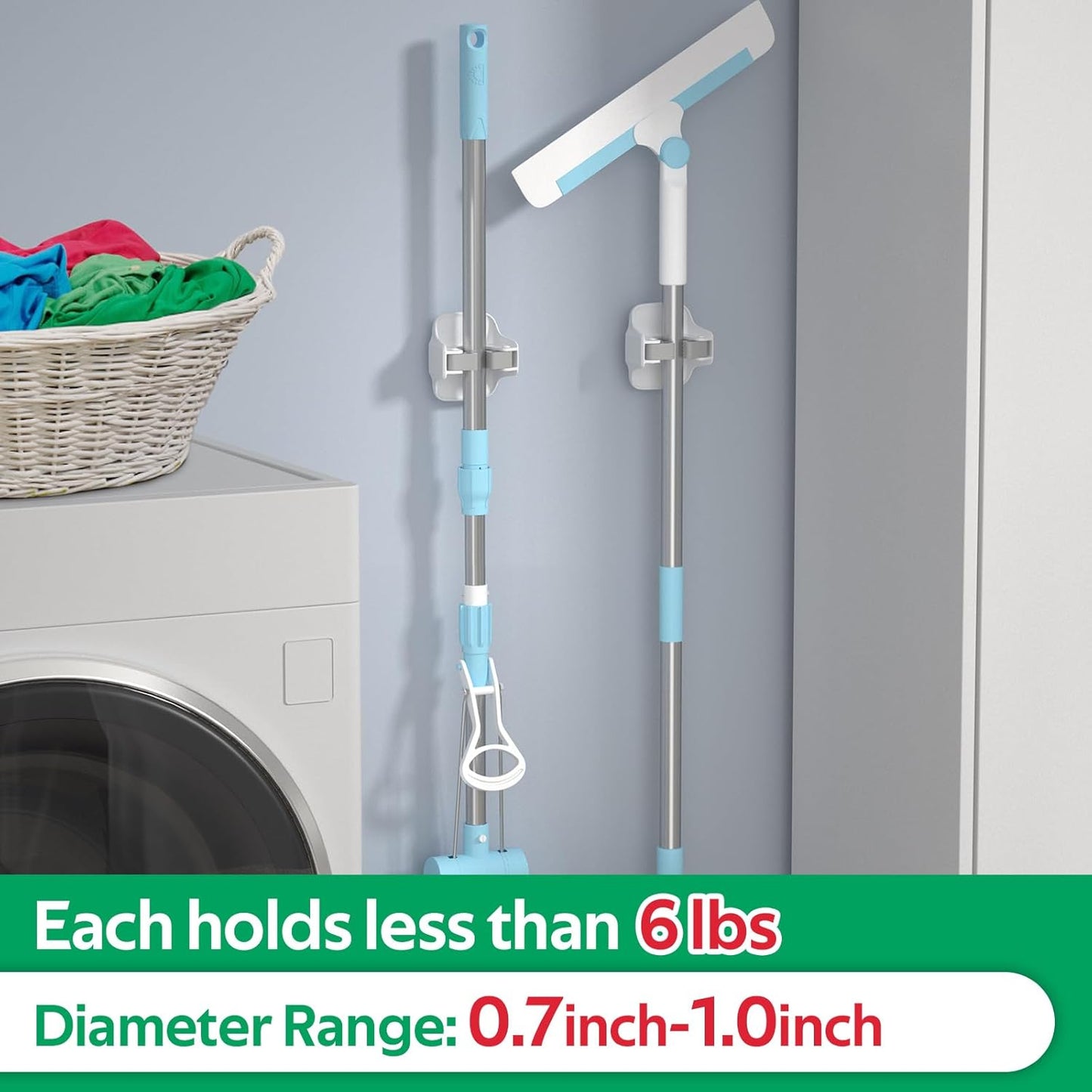 Reliahom Broom Holder Wall Mount - No Drilling, Self-Adhesive Mop Grippers | 3 Pack, White Garage Organizer