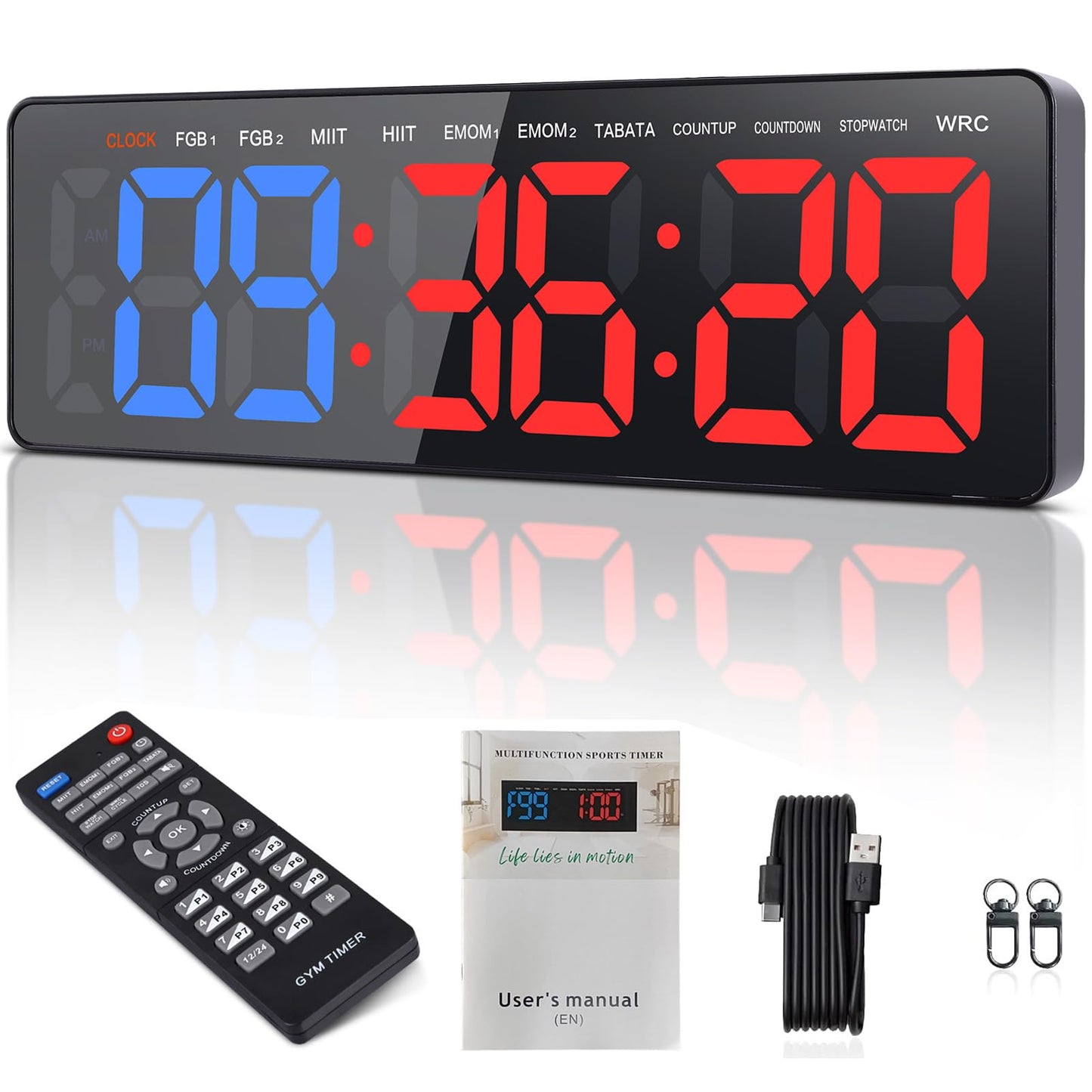 AnExer Gym Timers 16.5" Large Digital Wall Clock for Gym Interval Workout, Remote Control Interval Training Gym Indoor Timer, Blue-red