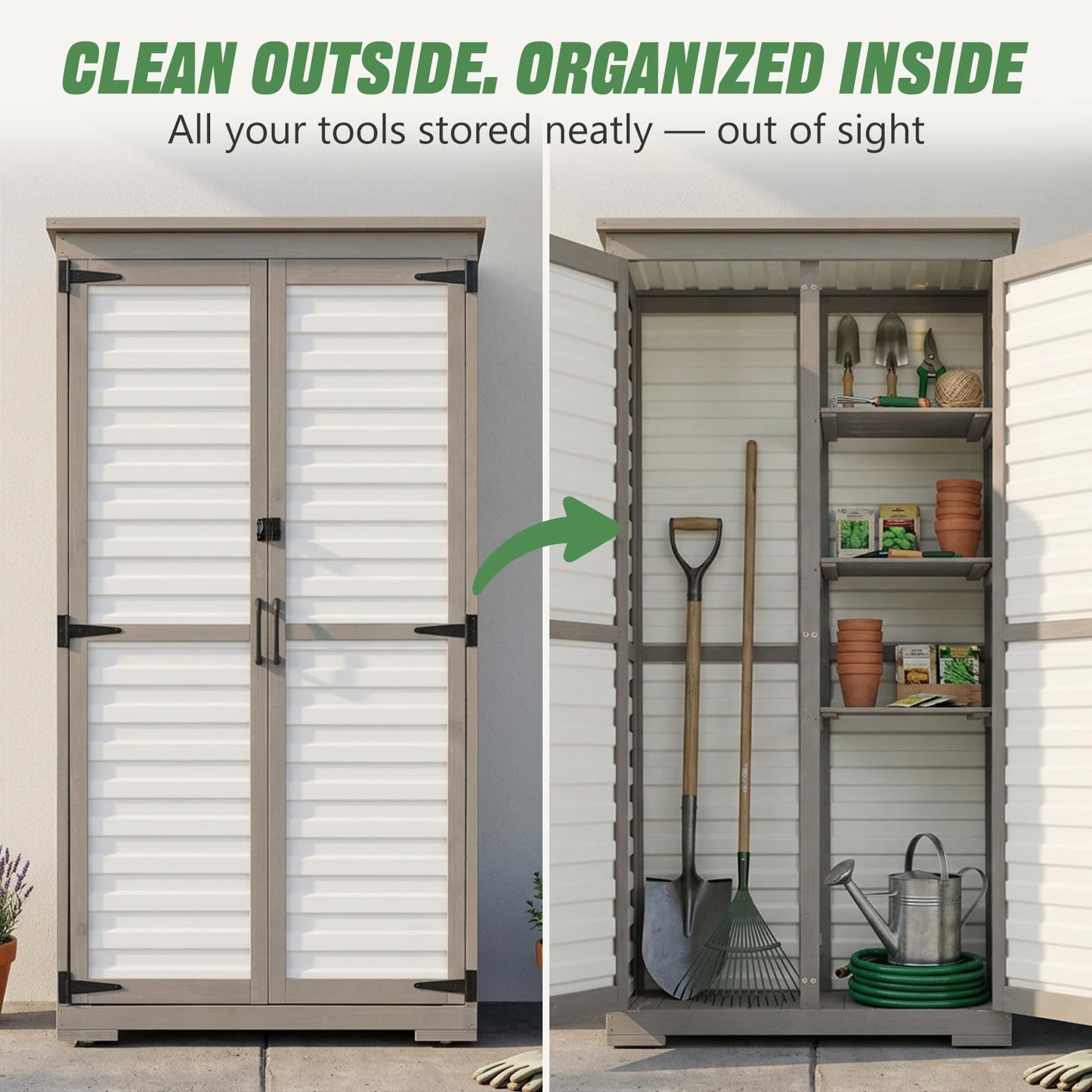 Outdoor Storage Cabinet – Store More in Less Space, Tall Vertical Garden Tool Organizer with 4 Shelves & Long Handle Storage, Weather-Resistant Patio Cabinet for Backyard, Garden, Side Yard