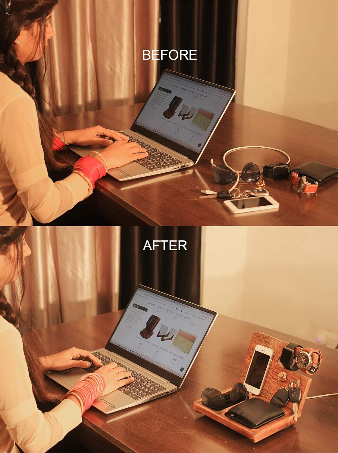 AB Handicrfafts Wooden Docking Station, Nightstand Organizer Wallet, Watch Stand Key Holder for Mom for DAD, Husband