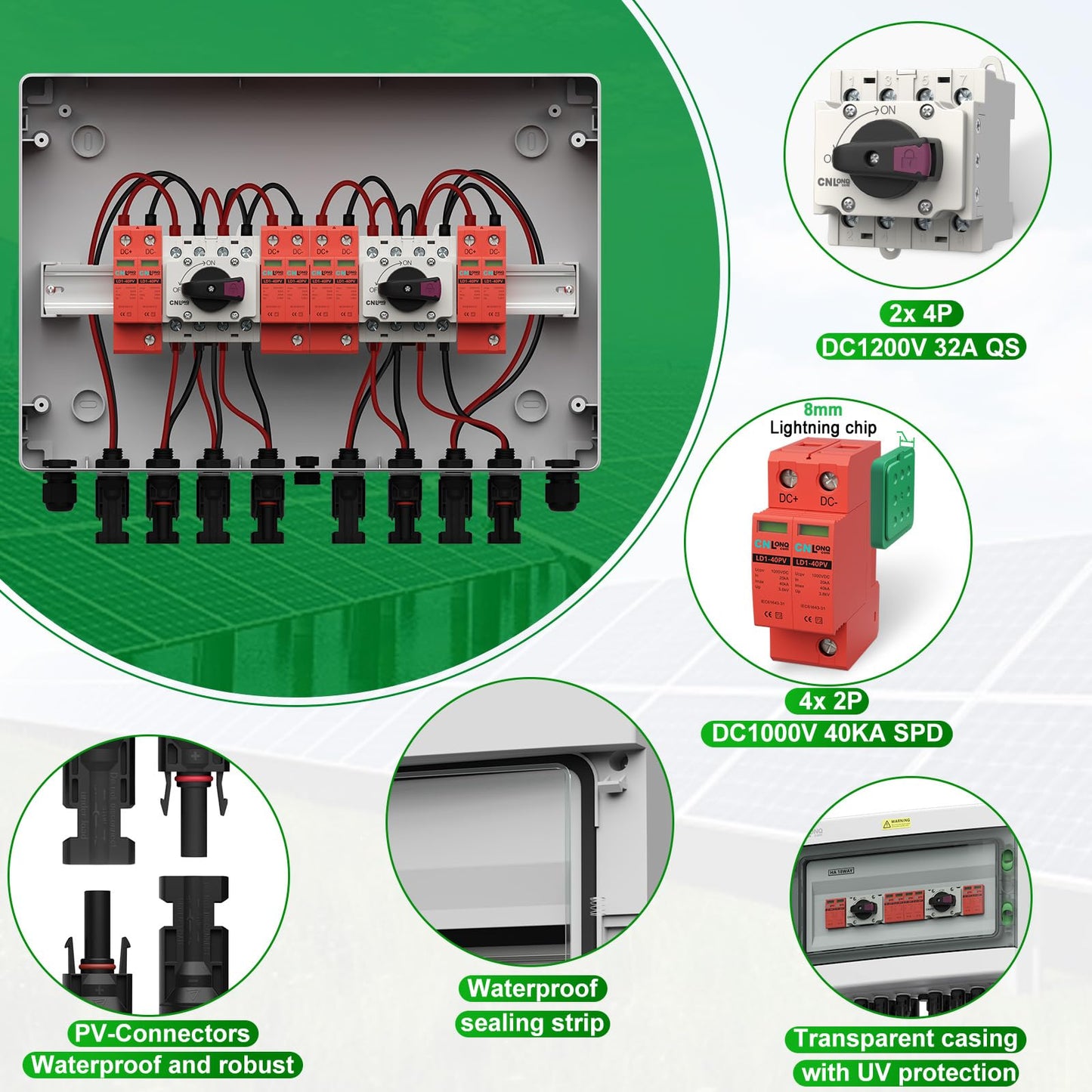 CNLonQcom 4 Strings Solar Disconnect Switch 32 Amp DC1000V with Lightning Surge Protector Arrester and IP65 Solar PV Combiner Breaker Box 4in 4out for Outdoor Solar Panel System
