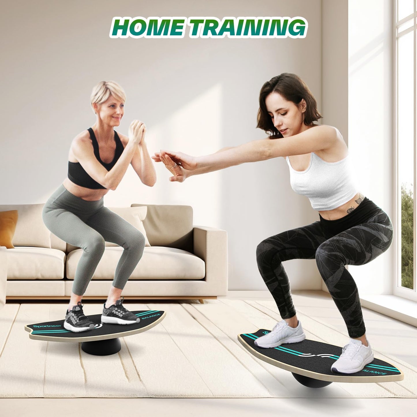 Sportneer Balance Board Upgrade – 8-in-1 Wooden Wobble Board with Roller, Rubber Ball & Half Ball, Balance Trainer for Adults, Core Strength & Physical Therapy Equipment 450 LBS