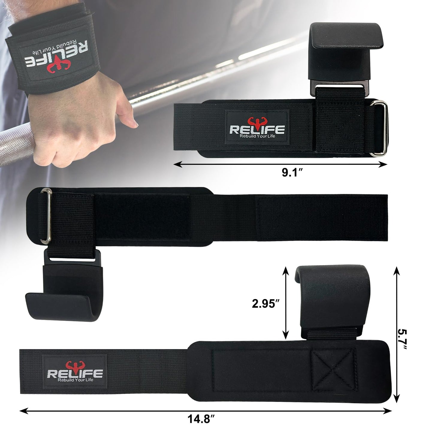 RELIFE REBUILD YOUR LIFE Lifting Hooks for Men and Women(Pair), Pull Up Straps, Gym Reapers Lifting Wrist Grips, Heavy Powerlifting, Lifting Hooks for Weight Lifting Black