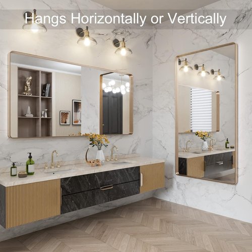 LOAAO Gold Bathroom Mirror - 60”x30” Rounded Rectangle Design | Brushed Gold Frame, Anti-Rust, Versatile Mounting Options