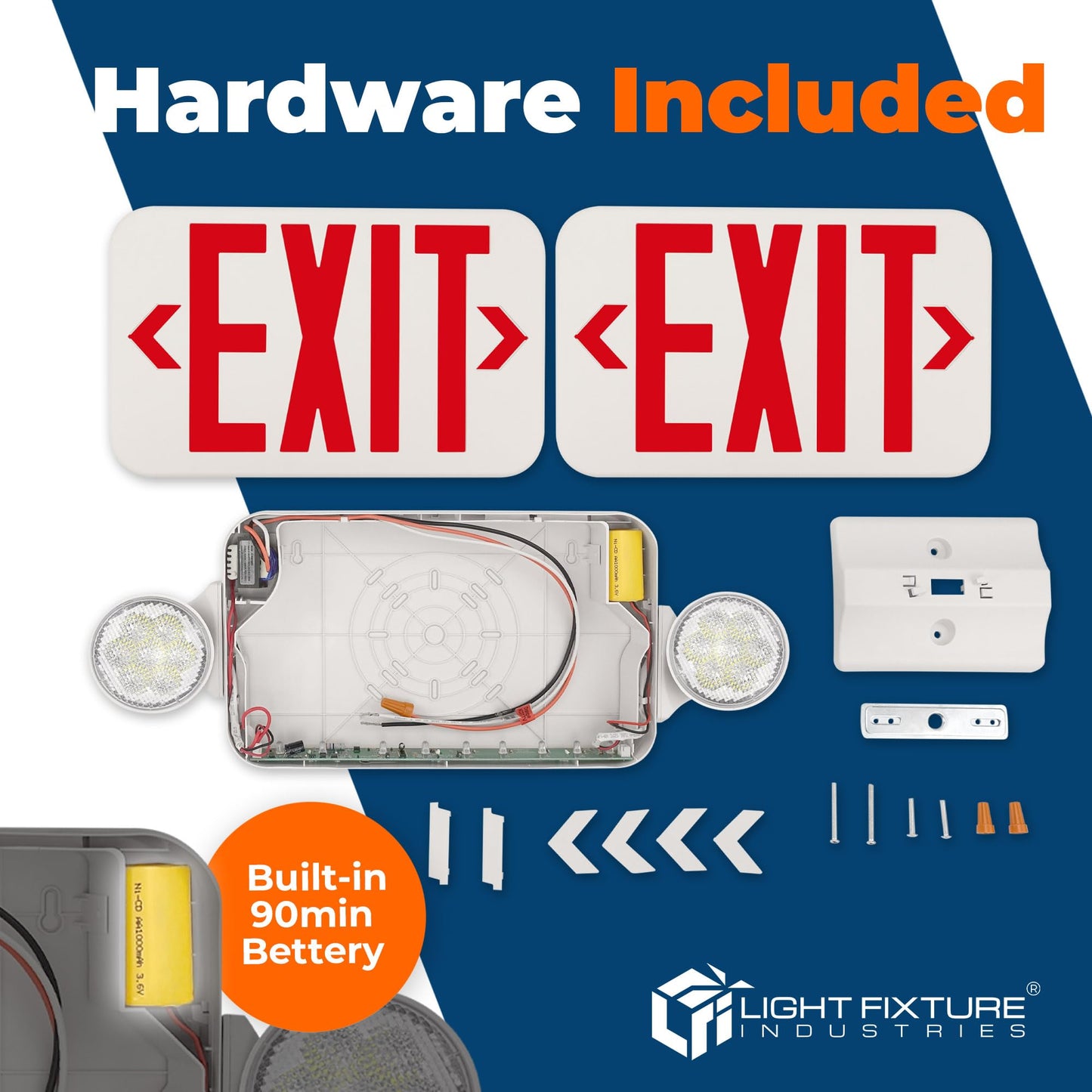 LFI Lights® Compact COMBO, UL 924 Listed Exit Sign with Emergency Lights, Red LED, White, 120/277VAC Hardwired with Battery Backup, Optional Double Face and Knock Out Arrows COMBOJR2RWBB