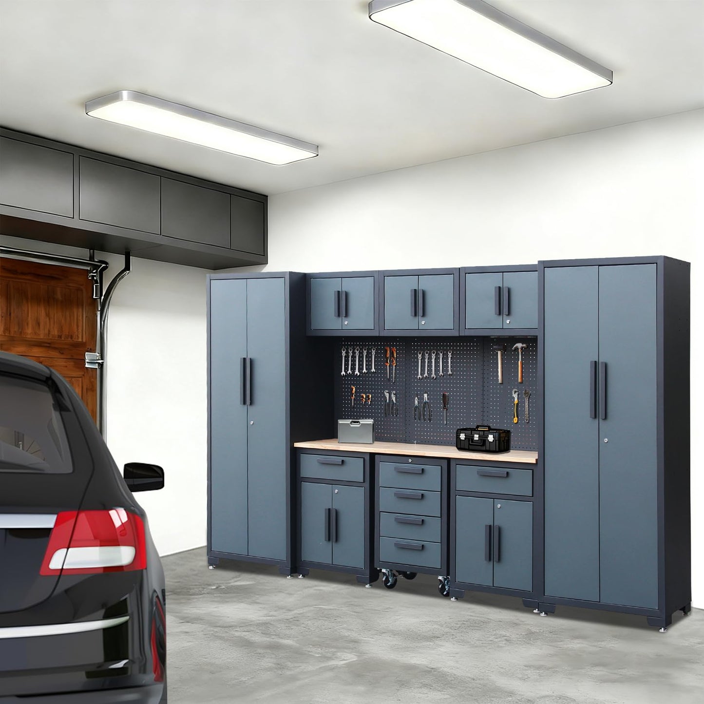 HPDMC Garage Storage Cabinet System 9-Pcs Workshop Set Garage Cabinets and Storage System with Steel Drawers, Rolling Chest, Workbench, Pegboard for Tool Organization