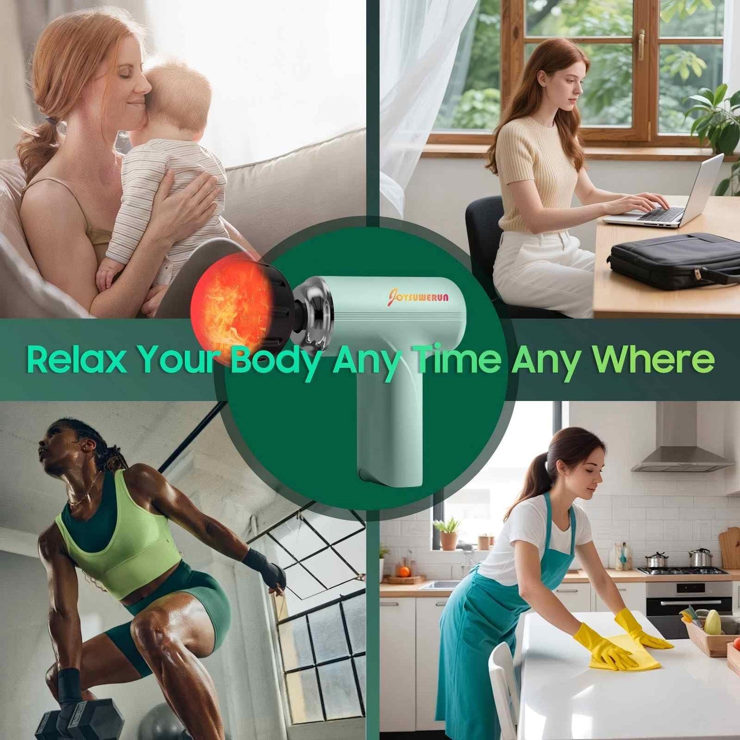 JOYSUWERUN Massage Gun with Heat – Amazing Power! Deep Tissue Percussion Massager, Handheld Mini Muscle Gun, 5 Massage Heads, Quiet & Portable