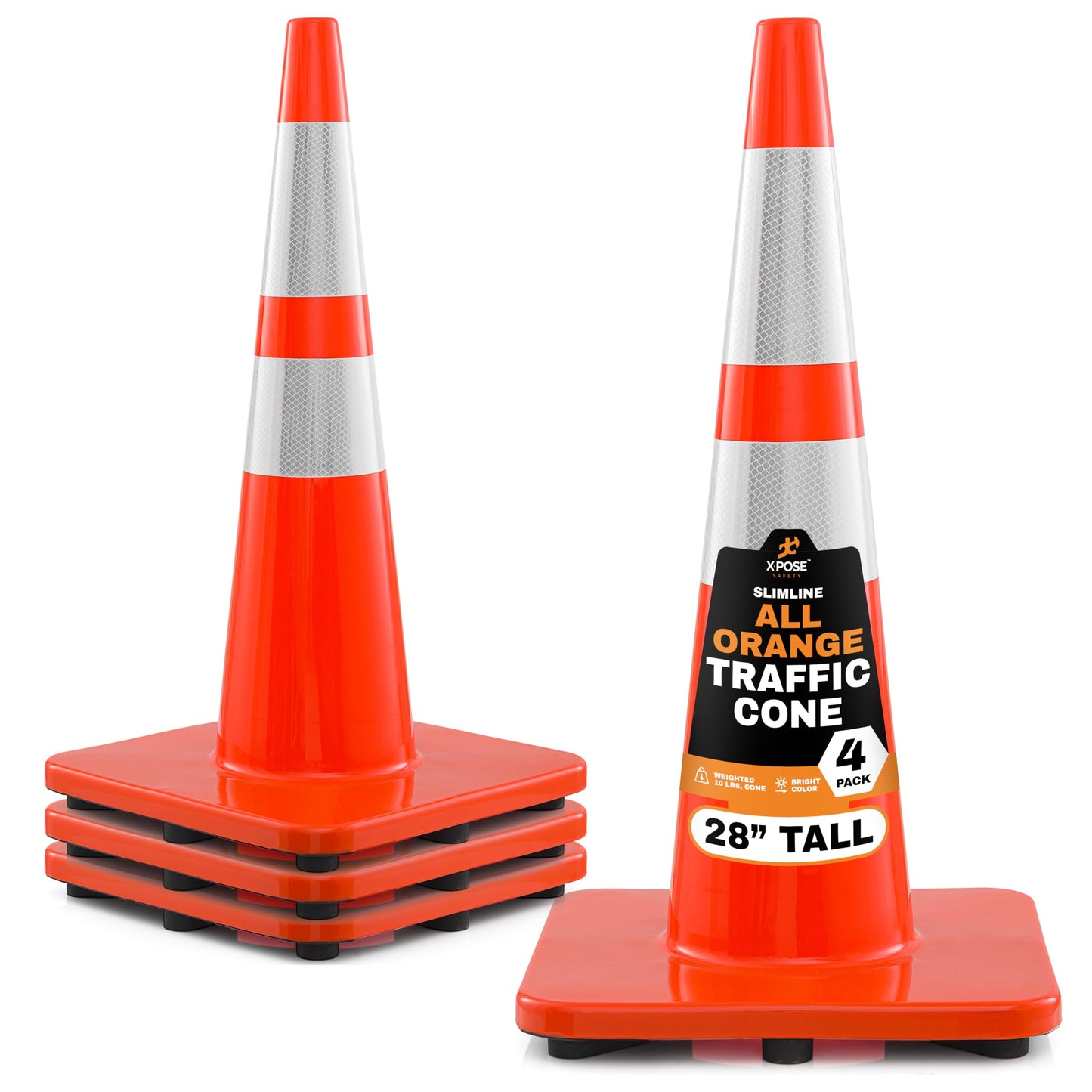 Xpose Safety 28 Inch Orange Slim Line Traffic Cones Heavy Duty 10lb with 6" & 4" Collars, 4 Pack Multipurpose PVC Plastic Safety Cone for Parking, Soccer, Caution, Kids & Construction - DOT Approved