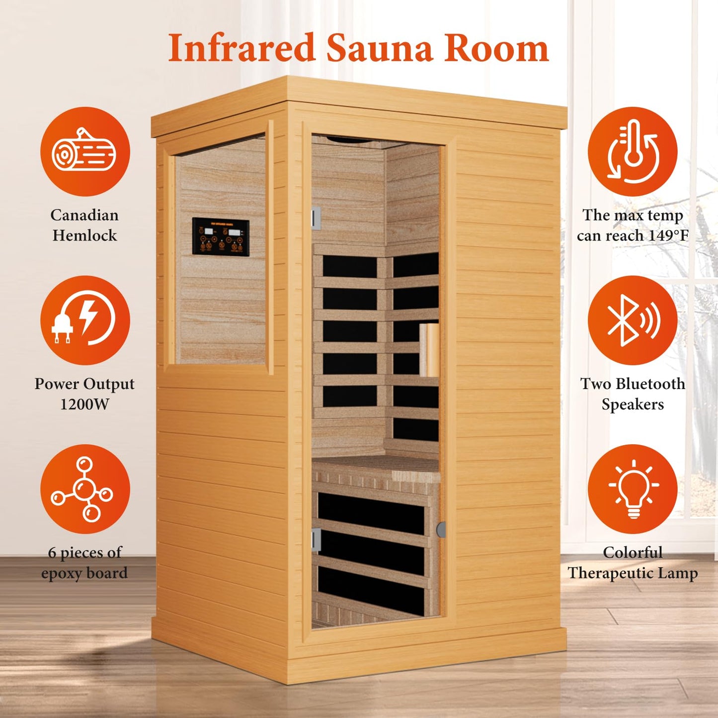 OUTEXER Far Infrared Sauna Home Sauna Spa Room Canadian Hemlock Wood 1200W Indoor Saunas Low EMF 110V with 7 Color Light and Tempered Glass Door, Room: 35.2 * 27.6 * 61.6Inch