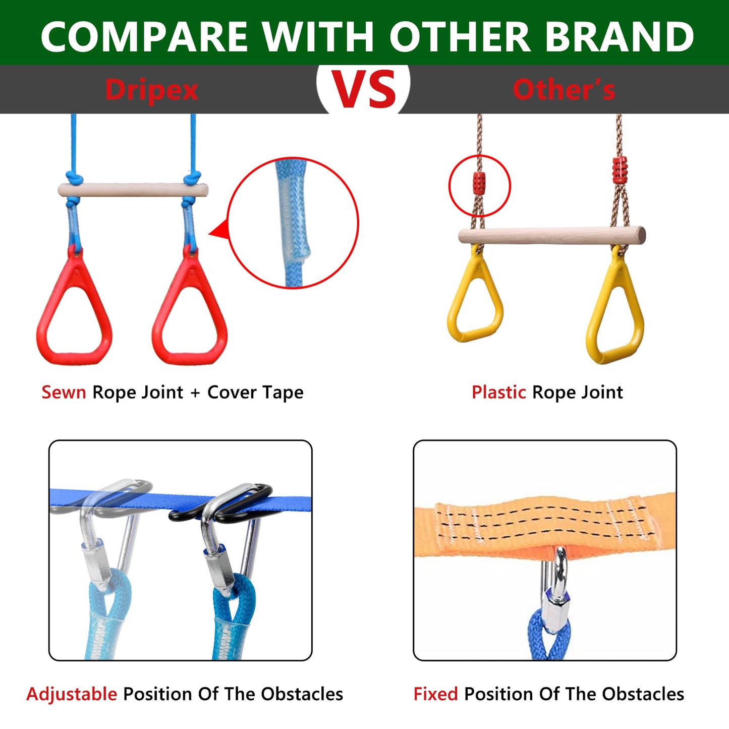 Dripex 65FT Ninja Warrior Obstacle Course for Kids - Double Longest Slacklines with 10 Most Complete Accessories for Kids, Swing, Trapeze Swing, Rope Ladder, Obstacle Net Plus 1.2M Arm Trainer