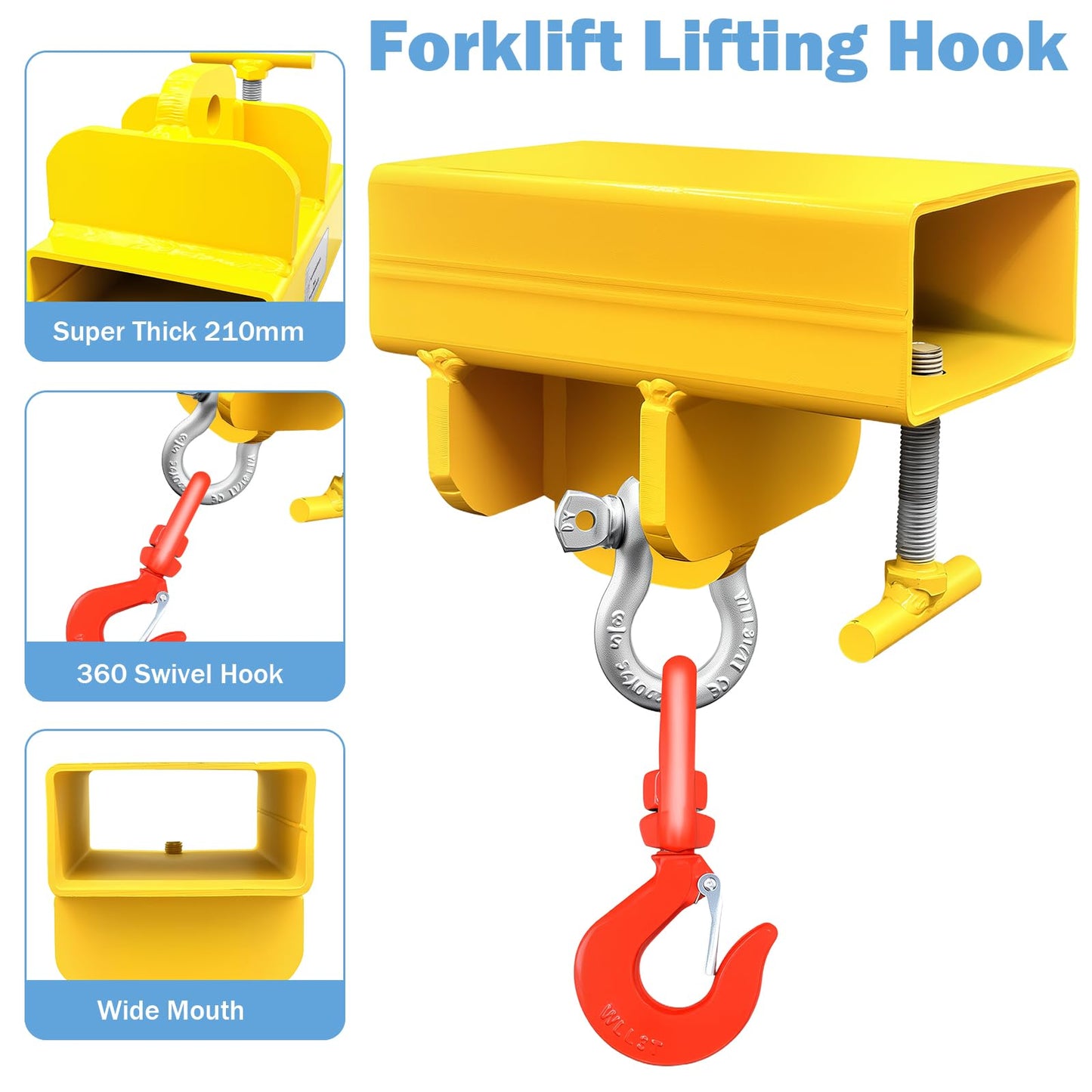 AUXHDK Forklift Lifting Hook Attachment, 5500lbs Capacity Hook Forklift Lifting Hoist, Heavy Duty Single Forklift Mobile Crane with Swivel Hook and Large T-Screws, Fork Lifting Hook Device Accessories