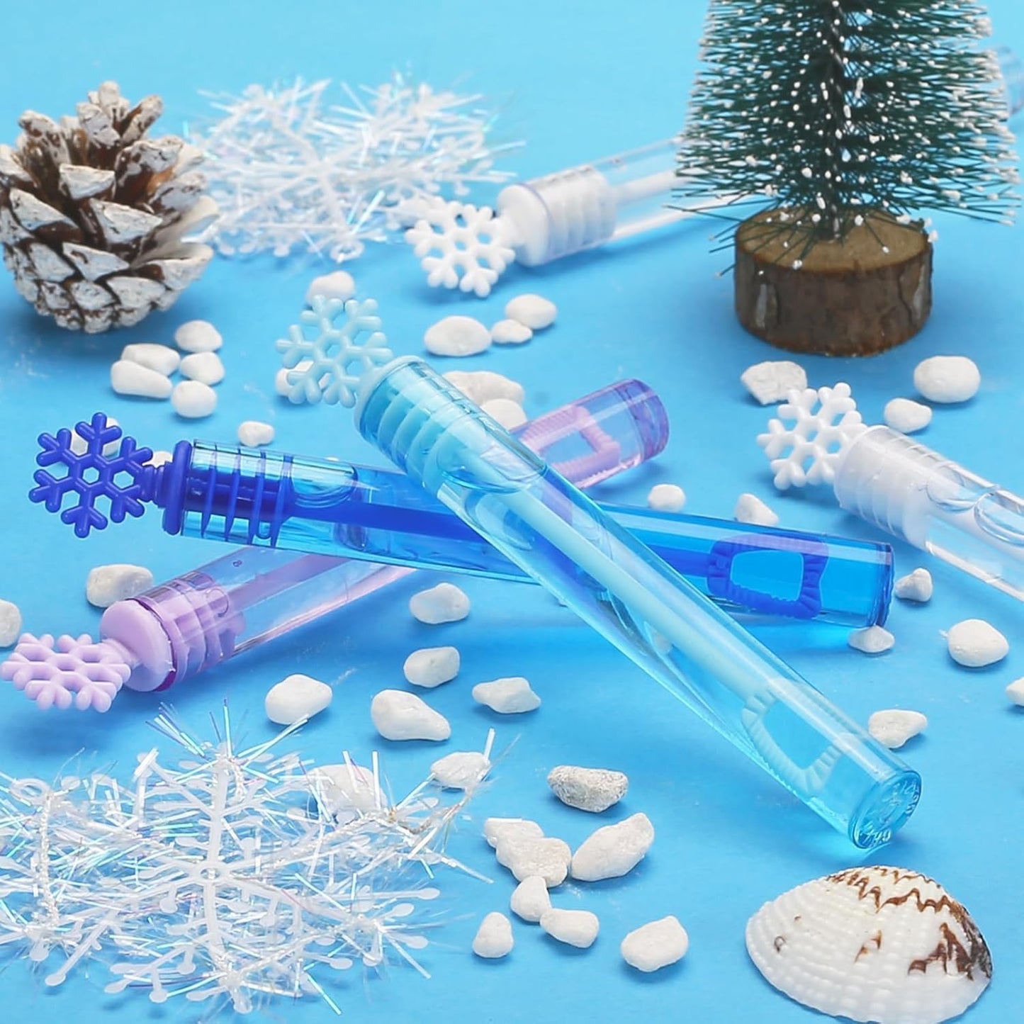 Skiennix 32 Pcs Snowflake Bubble Wands - Colorful Mini Party Favors for Kids | Winter-Themed Fun