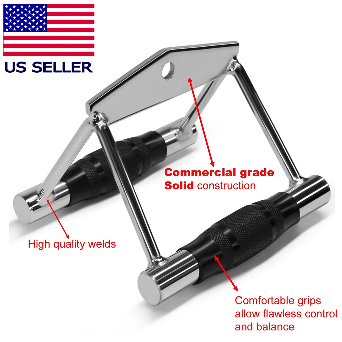 FITNESS MANIAC Home Gym Cable Attachment Handle Machine Exercise Chrome PressDown Combo Set (Double D Rubber)