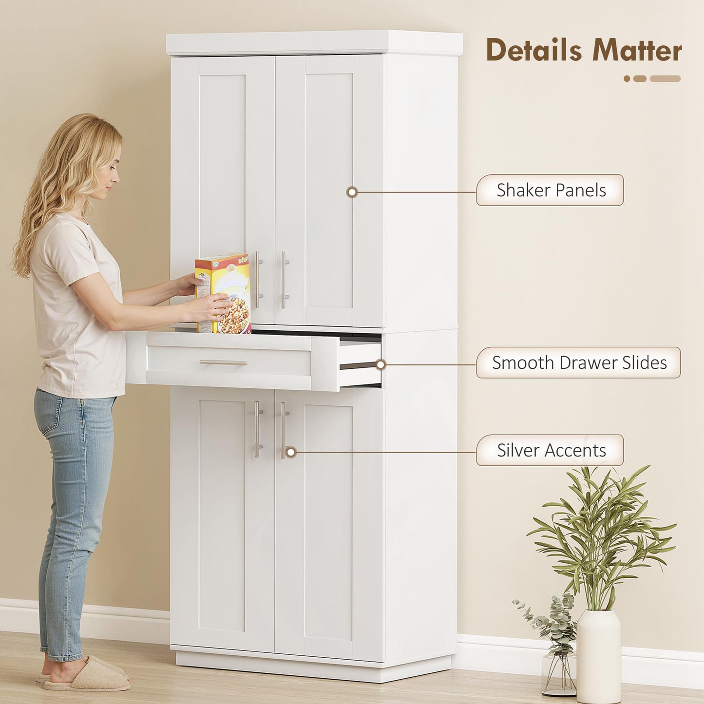 HOMCOM 72" Kitchen Pantry Cabinet, Freestanding Tall Storage Cabinet with 4 Doors, Drawer and 3 Adjustable Shelves for Dining Room, White