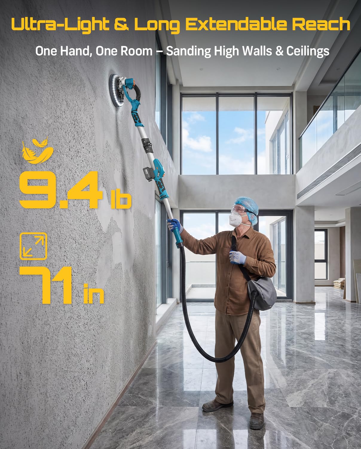 SEESII Cordless Drywall Sander with Vacuum,900W 1900RPM 2x4.0Ah Battery,Popcorn Ceiling Remover Tool,Brushless Low Noise Variable Speed,Wall Sander for Painting Prep,Foldable Telescopic,LED,12 Discs