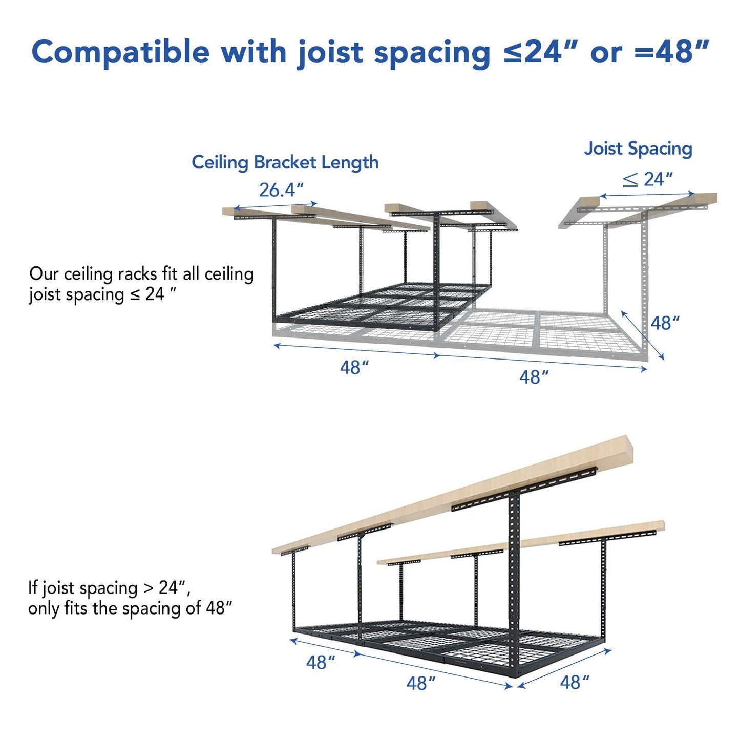 FLEXIMOUNTS 4x8 Overhead Garage Storage Rack w/Hooks Adjustable Ceiling Storage Rack, 96" Length x 48" Width x 40" Height, 22''-40" Ceiling Dropdown, Black, Classic Series