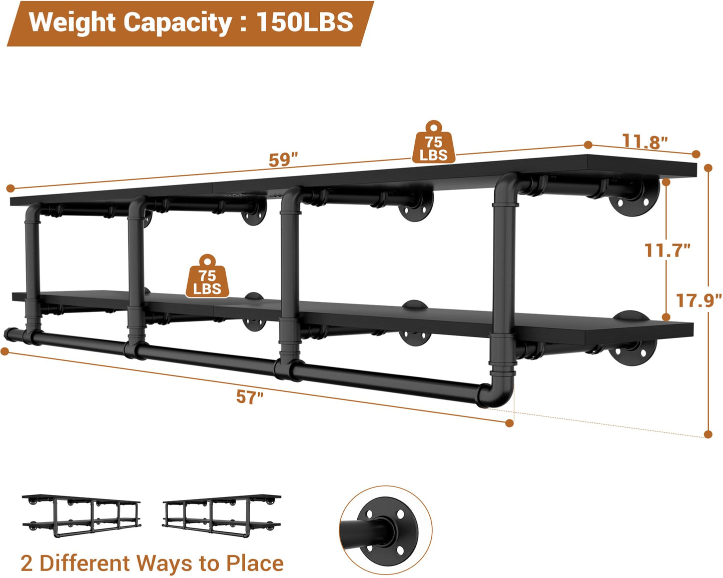 Aheaplus Industrial Pipe Clothes Rack with Top Shelf, 59In Space-Saving Wall Mounted Clothing Rack, 2 Tiers Heavy Duty Pipe Clothing Shelves with Hanging Rod for Laundry Room, Closet Storage, Black