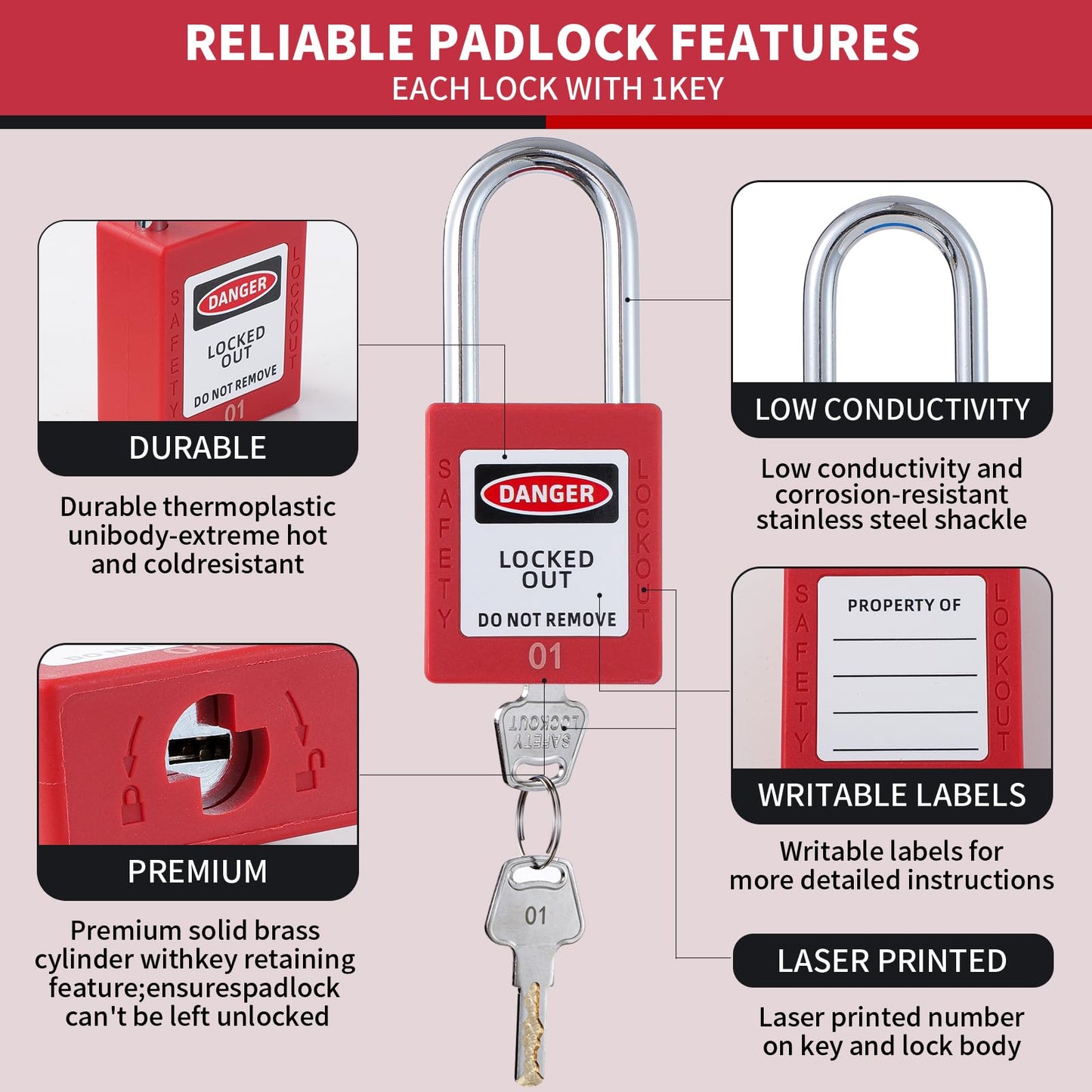 Lock Out Tag Out Locks and Keys, 10 Lockout Tagout Keyed Different Safe Pad Locks, OSHA Compliant Loto Locks for Lock Out Tag Out Stations (5, Red)