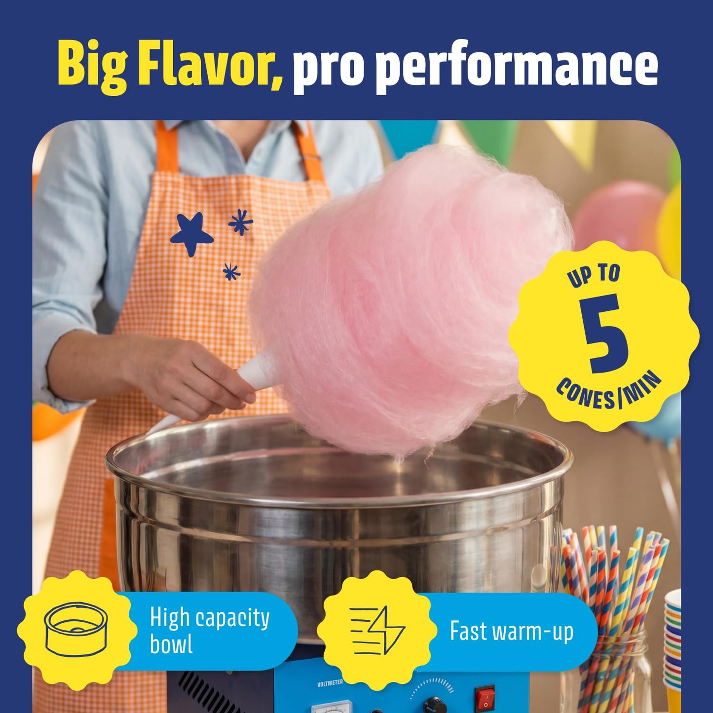 Wumple Cotton Candy Machine Pro Bundle - Commercial Electric Maker with Drawer, Large Stainless Steel Bowl & 3 Flavored Sugars - 70 Cones Included - Perfect for Parties & Business - Blue