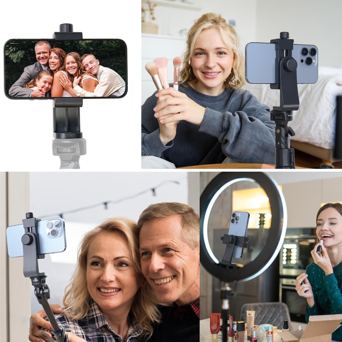 Ruittos Phone Tripod Mount Adapter with Camera Remote Controller, Cell Phone Holder Clip with Adjustable Clamp Compatible with iPhone, Samsung, HTC, Huawei etc., Include Wrist Strap