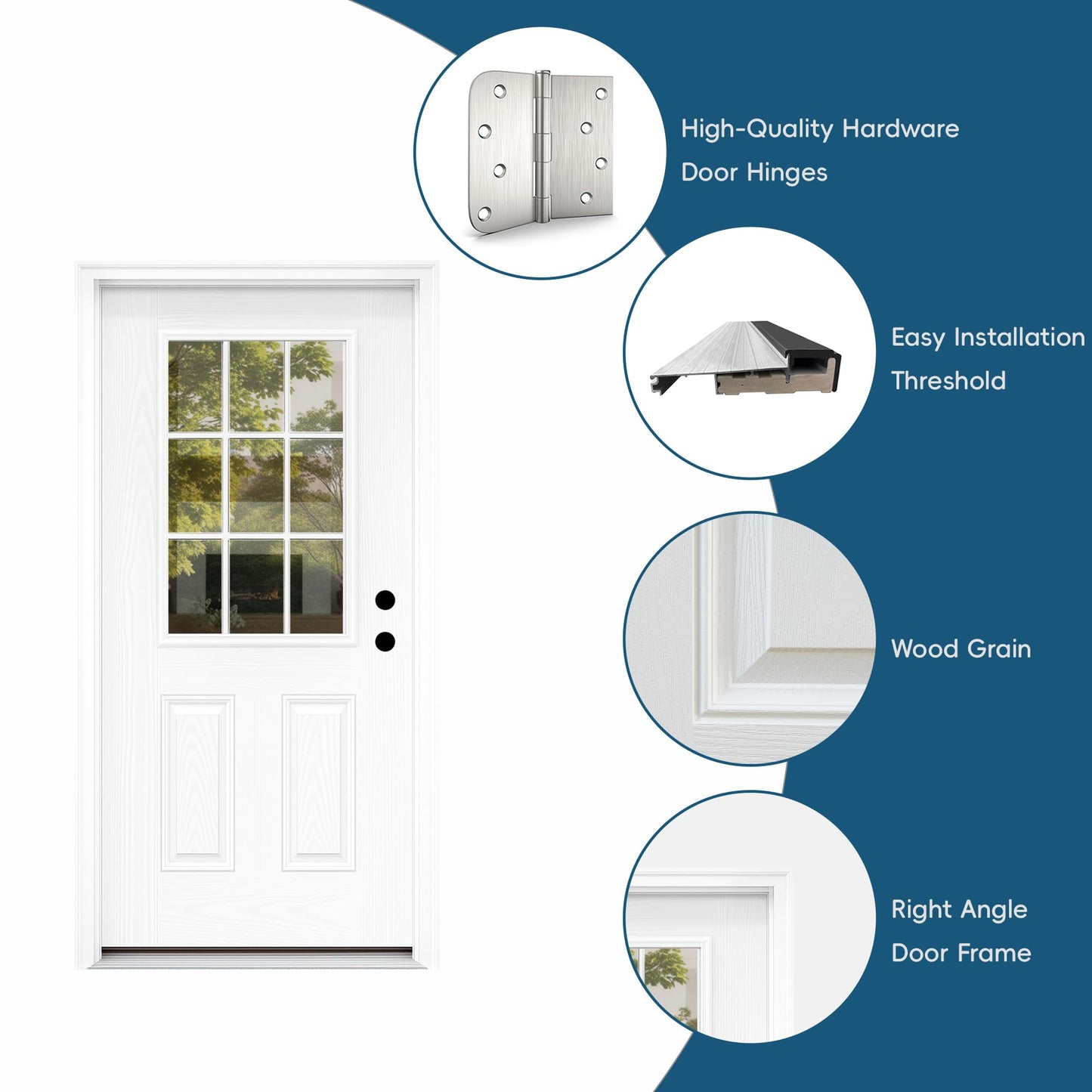 Casaphoria 36" x 80" Fiberglass Entry Door with 4-9/16" Vinyl Frame,Left Hand Inswing Exterior Door with Brickmould, 9- Lite Low-E Glass Primed Knock-Down Front Door for Home Entrance, White