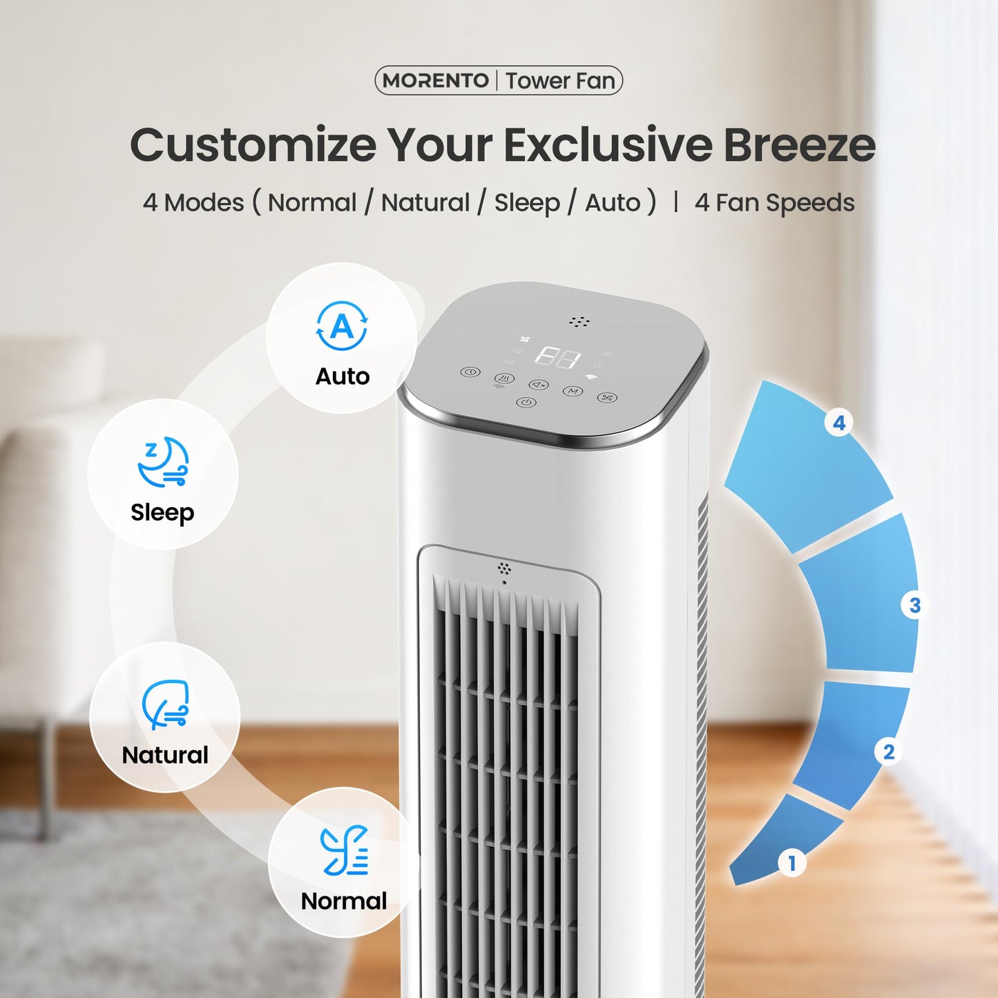 MORENTO Tower Fan for Bedroom, 2026 Upgraded 90° Oscillating 43" Standing Fan with 4 Speeds, 4 Modes, 25ft/s Velocity Bladeless Fan with APP/Voice/Remote/Touch Control, 28dB, 12H Timer, White 1Pack