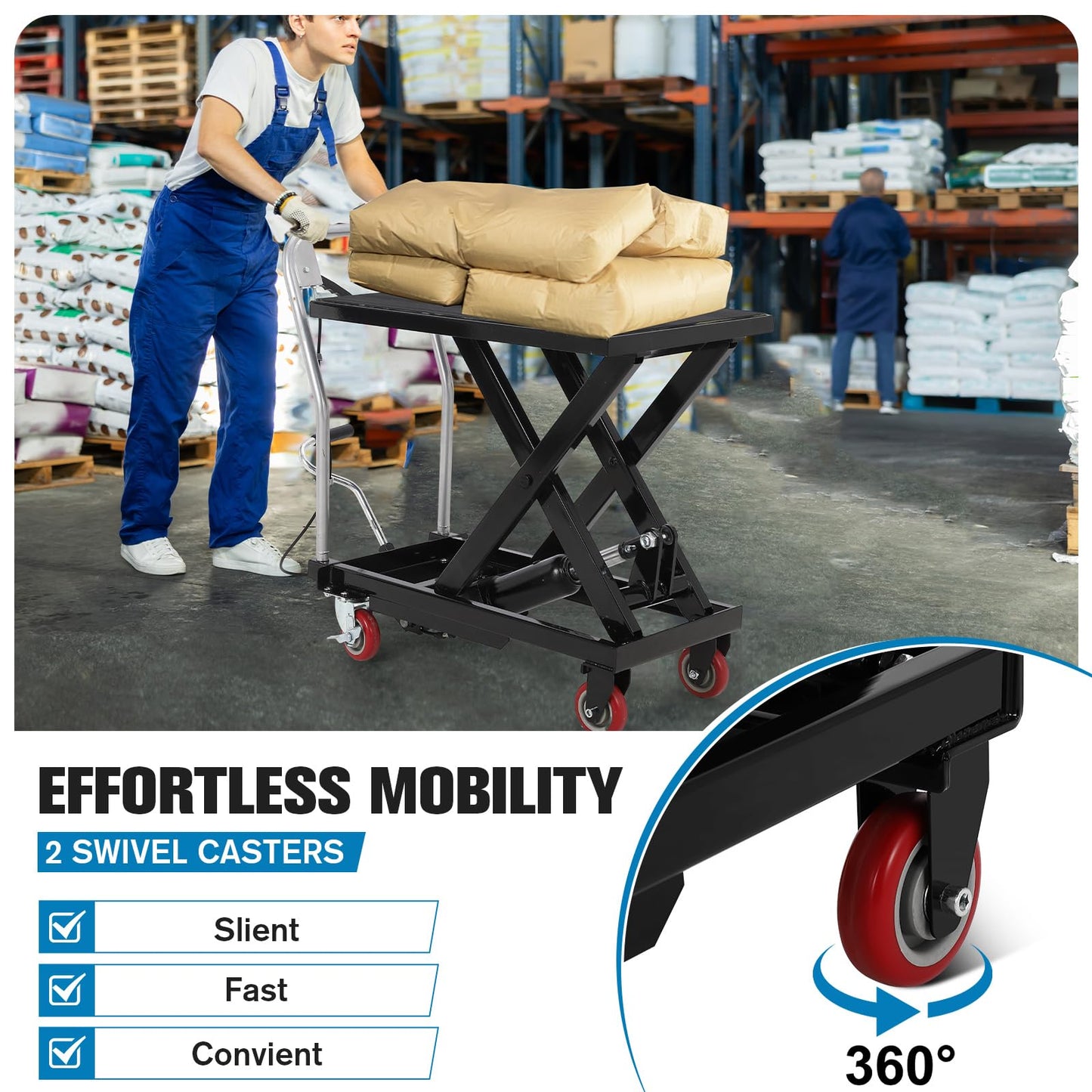 COZONY Heavy Duty Hydraulic Lift Table Cart – 330 lbs Capacity – Manual Single Scissor Platform – Adjustable Height 11-28.5 in – Non-Slip Platform – 4 Locking Wheels – For Workshop & Warehouse – Black