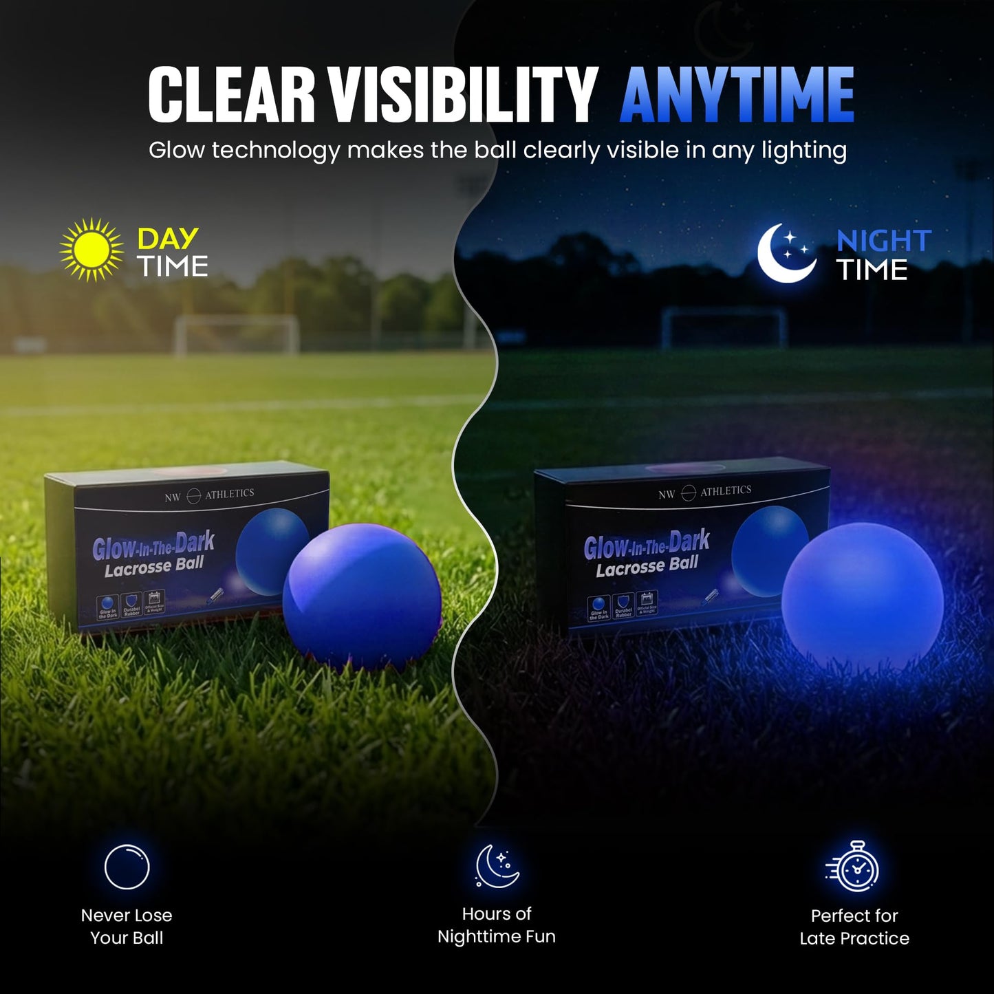 NW Athletics Glow in the Dark Lacrosse Ball | Night Practice & Training Equipment for All Ages | 2 Pack Official Size & Weight | Lacrosse Gift | LED Sky Blue