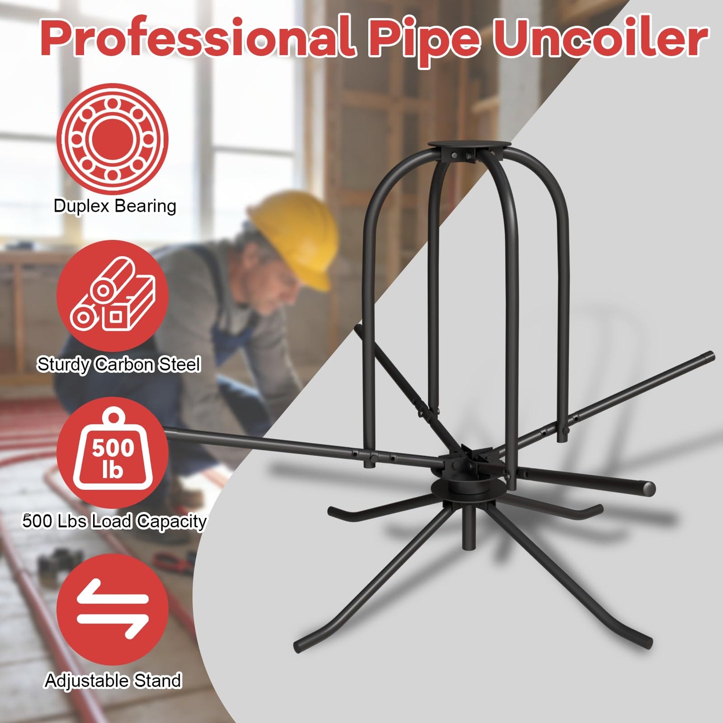 Heavy Duty PEX Pipe Uncoiler with Carry Bag & Hold-Down Bar, 500 lb Load Capacity Full Size Steel Piping Uncoiler for 3/8”–1” PEX Tubing, Foldable Radiant Floor Heating Tube Reel Dispenser