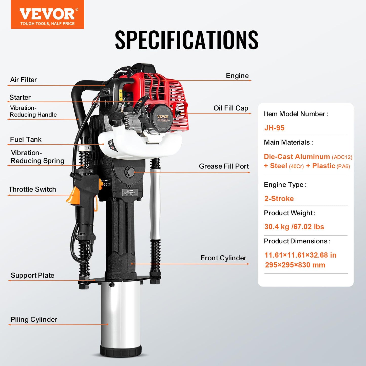 VEVOR Gas-Powered T Post Driver,2-Stroke 1300W,52cc,W/3Head