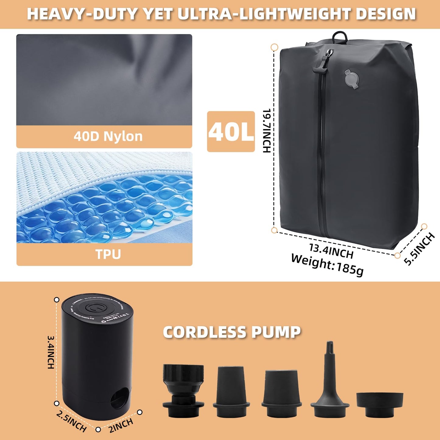 Vacuum Bags for Travel with Cordless Pump, 40L Airtight Compression TPU Bags,IP67 Reusable storage bag for Suitcase, Backpack, Luggage, Moving (1PC+Pump)