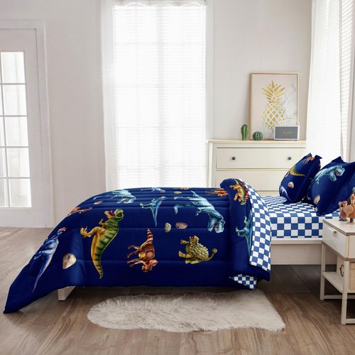 Leaflin Kid Twin Comforter Set - 5 Piece Dinosaur Bedding Set for Boys/Girls - Super Soft Microfiber Bed in a Bag with Comforter, Sheets, Pillowcase, Blue