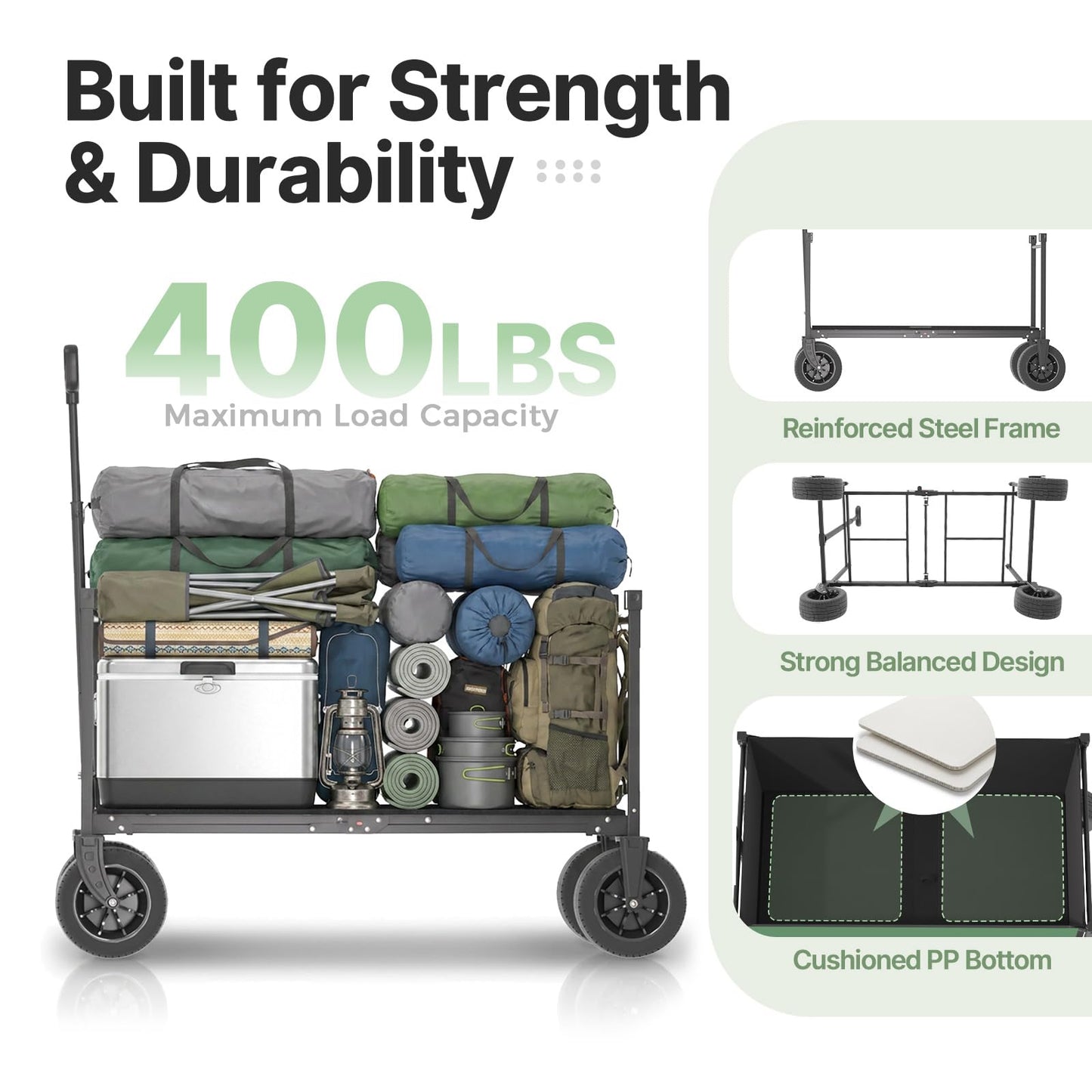 EchoSmile Collapsible Wagon Cart for Camping & Beach - Heavy Duty 400lbs Capacity All-Terrain Cart with Wide Wheels, Portable Folding Utility Wagon for Grocery, Garden, Sports,Green&Yellow