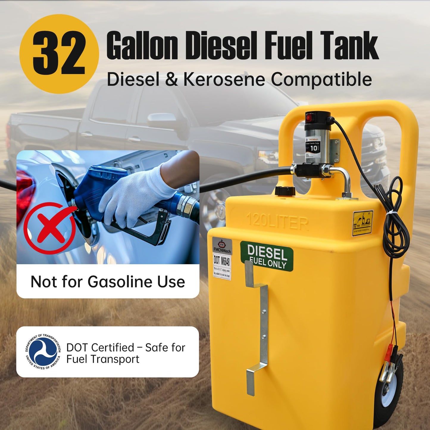 FMCNMech 32 Gallon Diesel Transfer Tank with 12V Electric Pump, 10 GPM Flow, Portable Diesel Fuel Caddy with Auto Shut-off Nozzle & Wheels, Heavy-Duty Diesel Tank for Trucks, Tractors and Construction Equipment