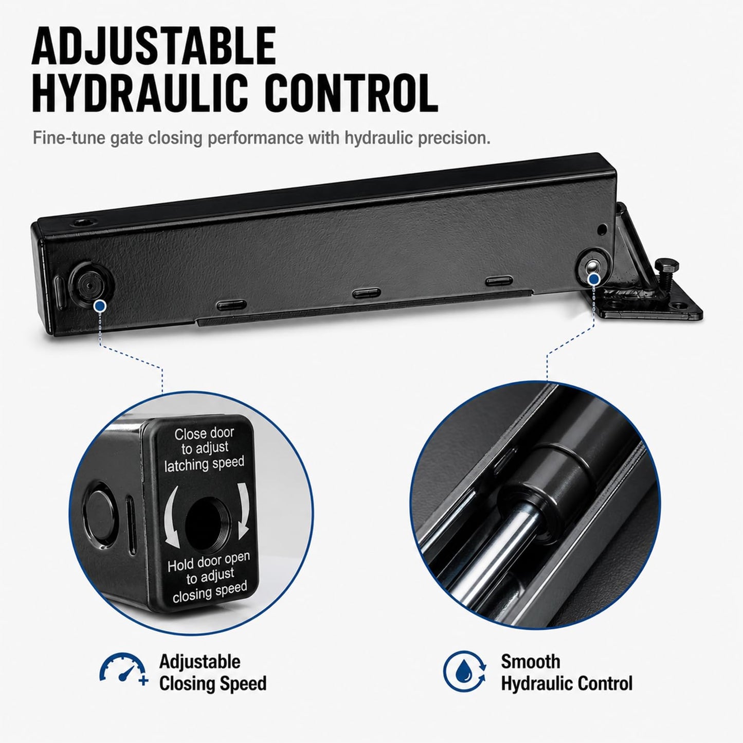 TB175 Outdoor Hydraulic Gate Closer with Adjustable Speed Function, Designed for Automatic Door Closure in Settings Such as Pools, Gardens, or Restricted Areas.