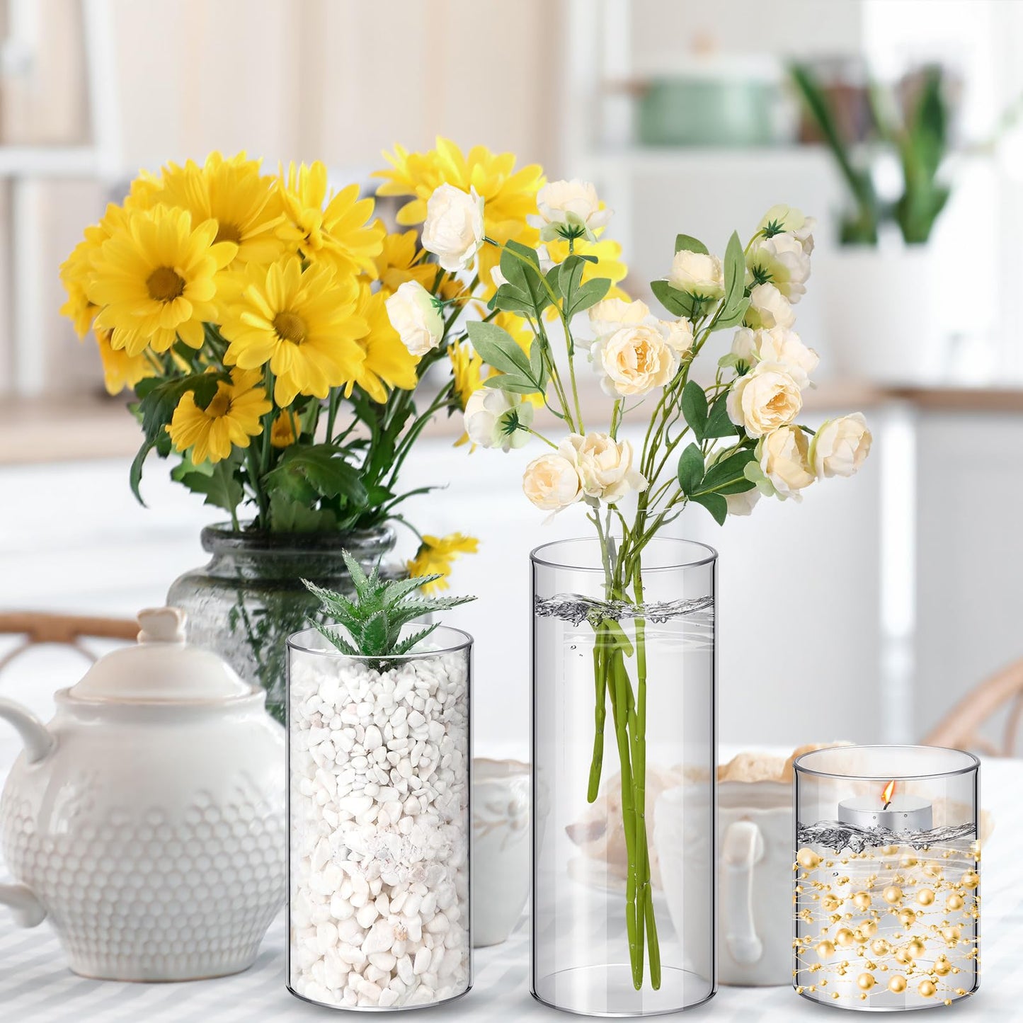 Nuogo 36 Pcs Plastic Cylinder Vases Tall Plastic Flower Vases for Centerpieces Hurricane Candle Holder for Home Wedding Office Party Formal Dinners Decorations (4''/6''/8'')