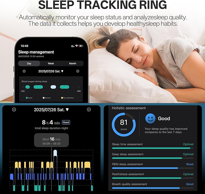 Smart Ring with Vibration Alerts, Health Tracker Ring with Body Temperature Monitor, Heart Rate, Sleep & Fitness Tracking, Waterproof Activity Ring for Men & Women, No App Fees (Silver, 9#)