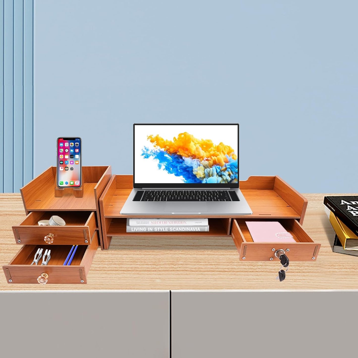 QUSKLISU (01) Computer Monitor Stand, Computer Rack with Drawers, Two top Platforms Desk Organizer Monitor Stand