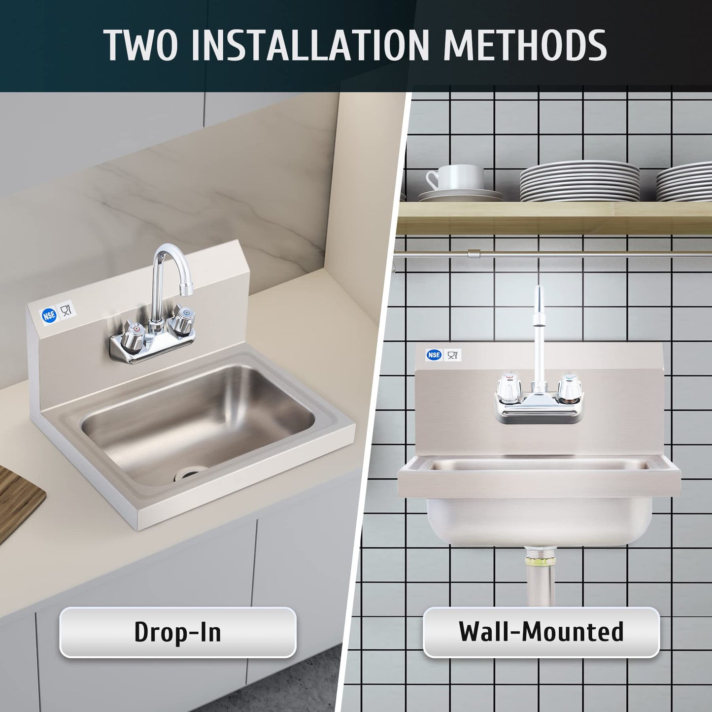 WILPREP Hand Sink Commercial Stainless Steel Sink for Washing, NSF Utility Sink with Gooseneck Faucet, Wall Mount Kitchen Sink for Restaurant Bar RV Bathroom Laundry Room (17 x 15 Inches)